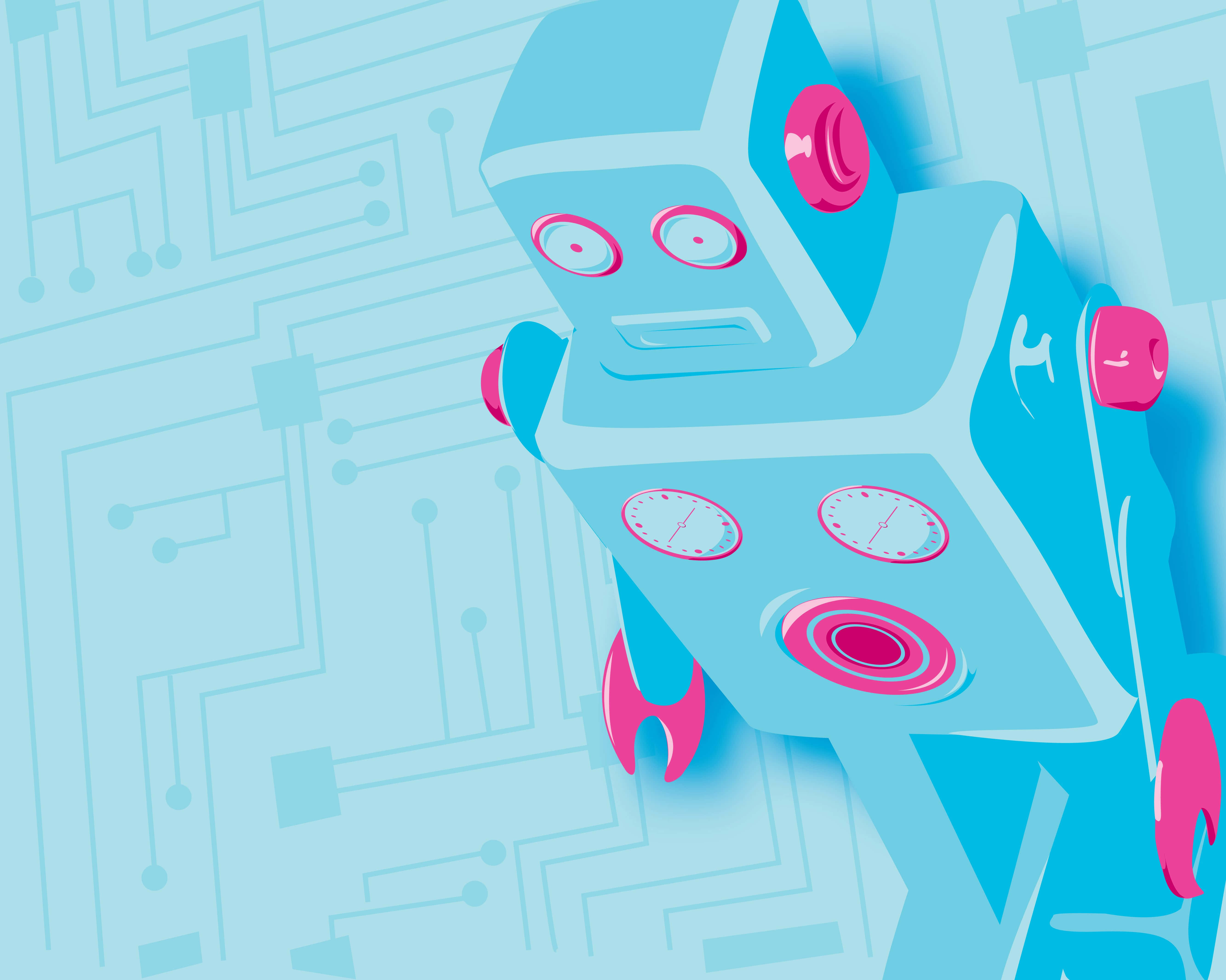 Cartoon Robot 桌布 壁紙 — 一個帶有粉紅色點綴的風格化藍色機械人，站在電路板圖案背景前。