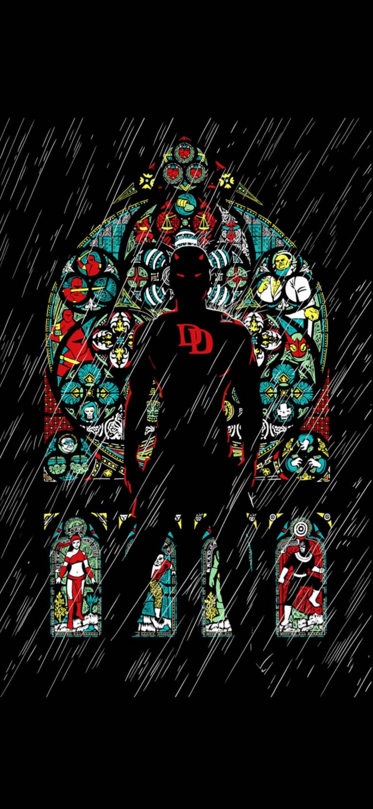 夜魔俠剪影站在雨中，面前是色彩繽紛的彩繪玻璃窗。