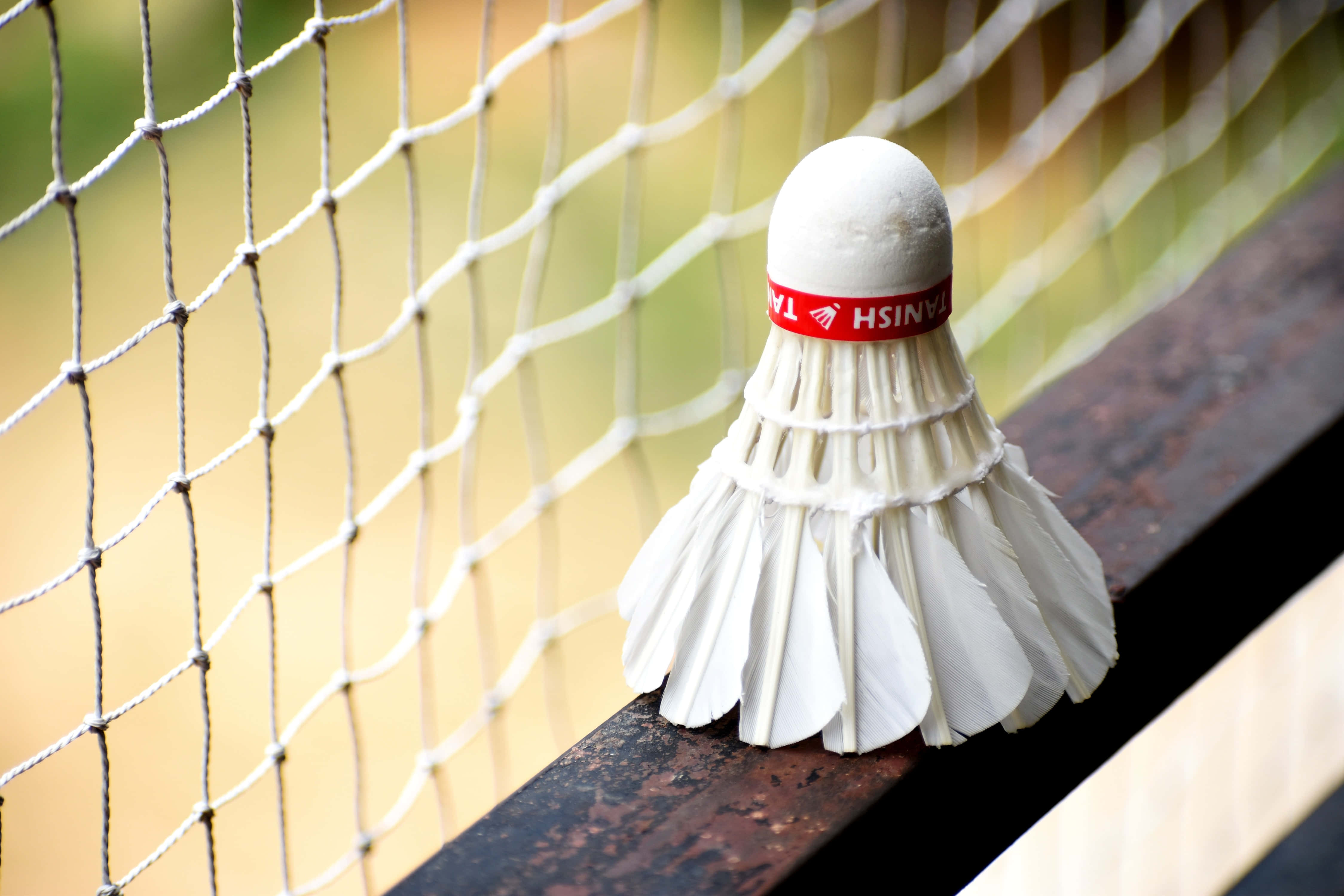 Badminton 桌布 壁紙 — 一個帶有紅色 'TANISH' 帶的白色羽毛球，擱在一個模糊的網旁邊的鏽蝕金屬軌道上。
