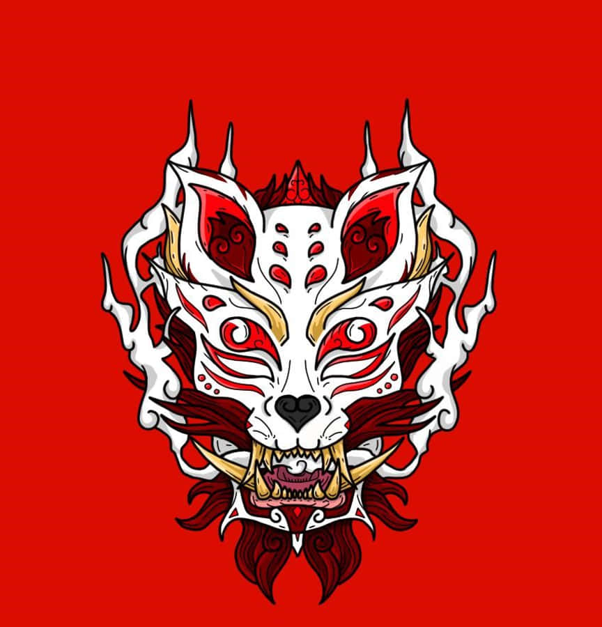 Yokai 桌布 壁紙 — 一個帶有紅色和金色點綴的兇猛白色狐狸面具，在純紅色背景上露出鋒利的牙齒。