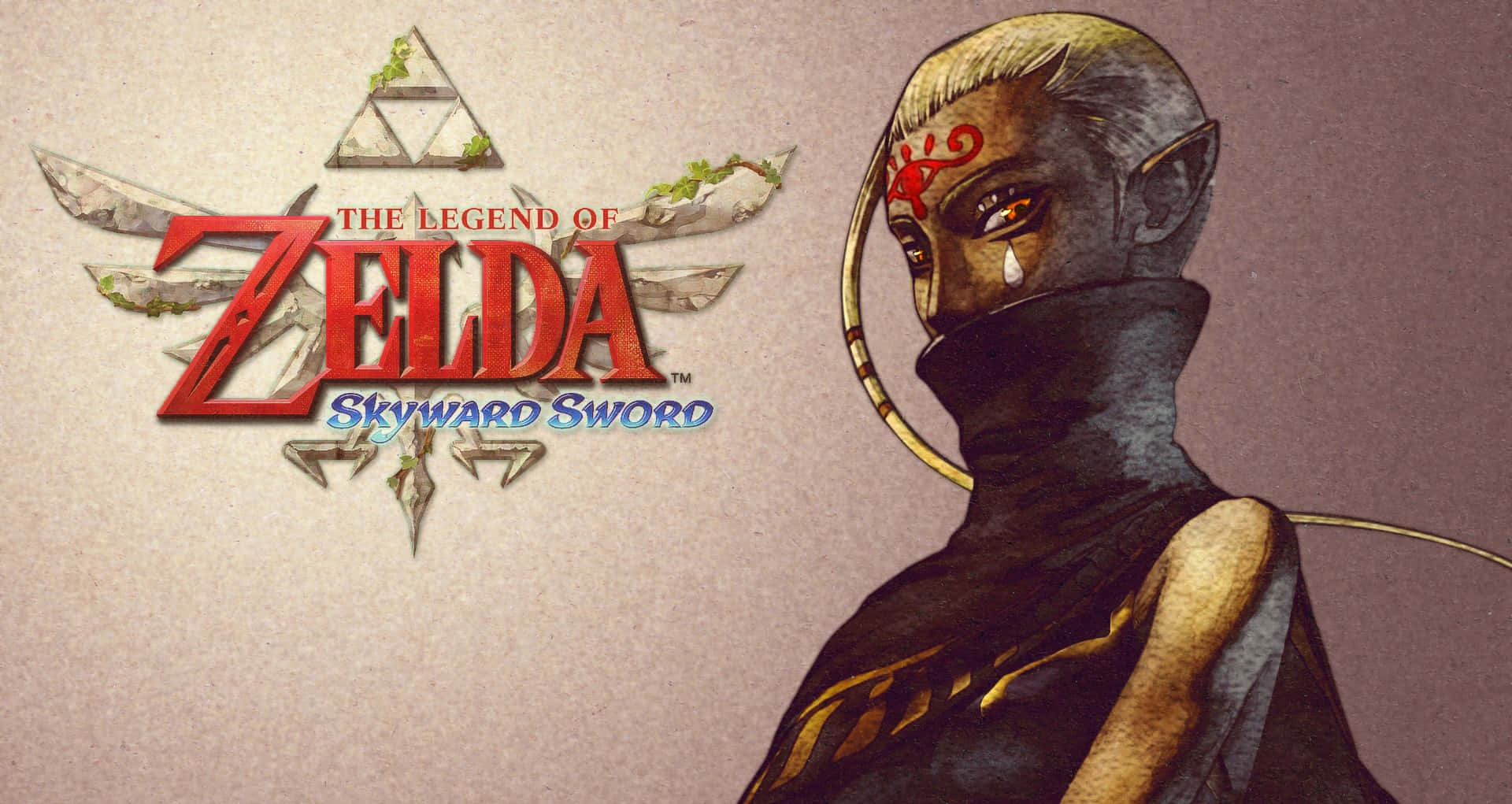 The Legend Of Zelda Skyward Sword 桌布 壁紙 — 一個帶有紅色標記和眼淚的憂鬱海利亞角色，在《薩爾達傳說 天空之劍》標誌旁邊凝視。