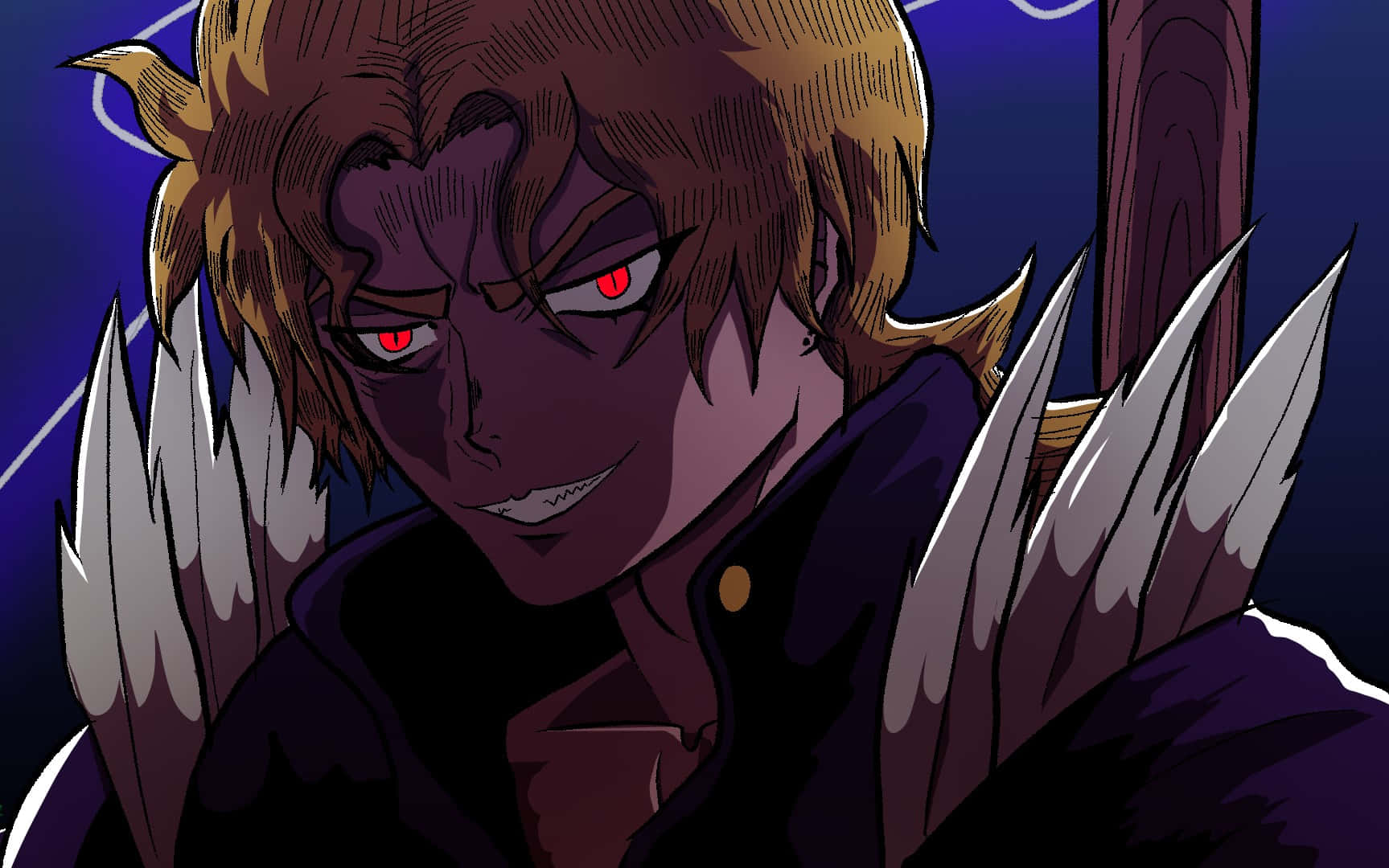 Phantom Blood 桌布 壁紙 — 一個帶有紅色眼睛和尖刺肩甲的威脅性動漫角色，在深紫色背景下強烈地凝視著。