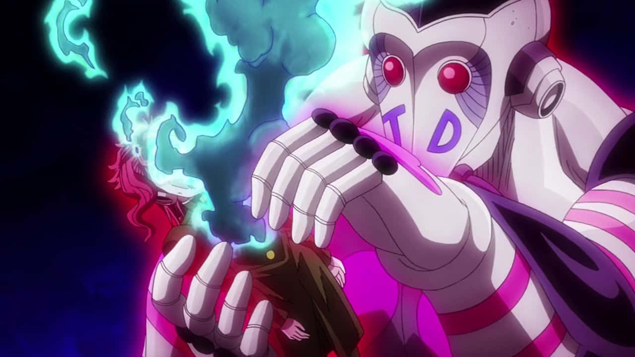 Jojo's Bizarre Adventure Atum 桌布 壁紙 — 一個帶有紅色眼睛和白色盔甲的威脅性動漫角色，在黑暗環境中從裝置引導發光的藍色能量。