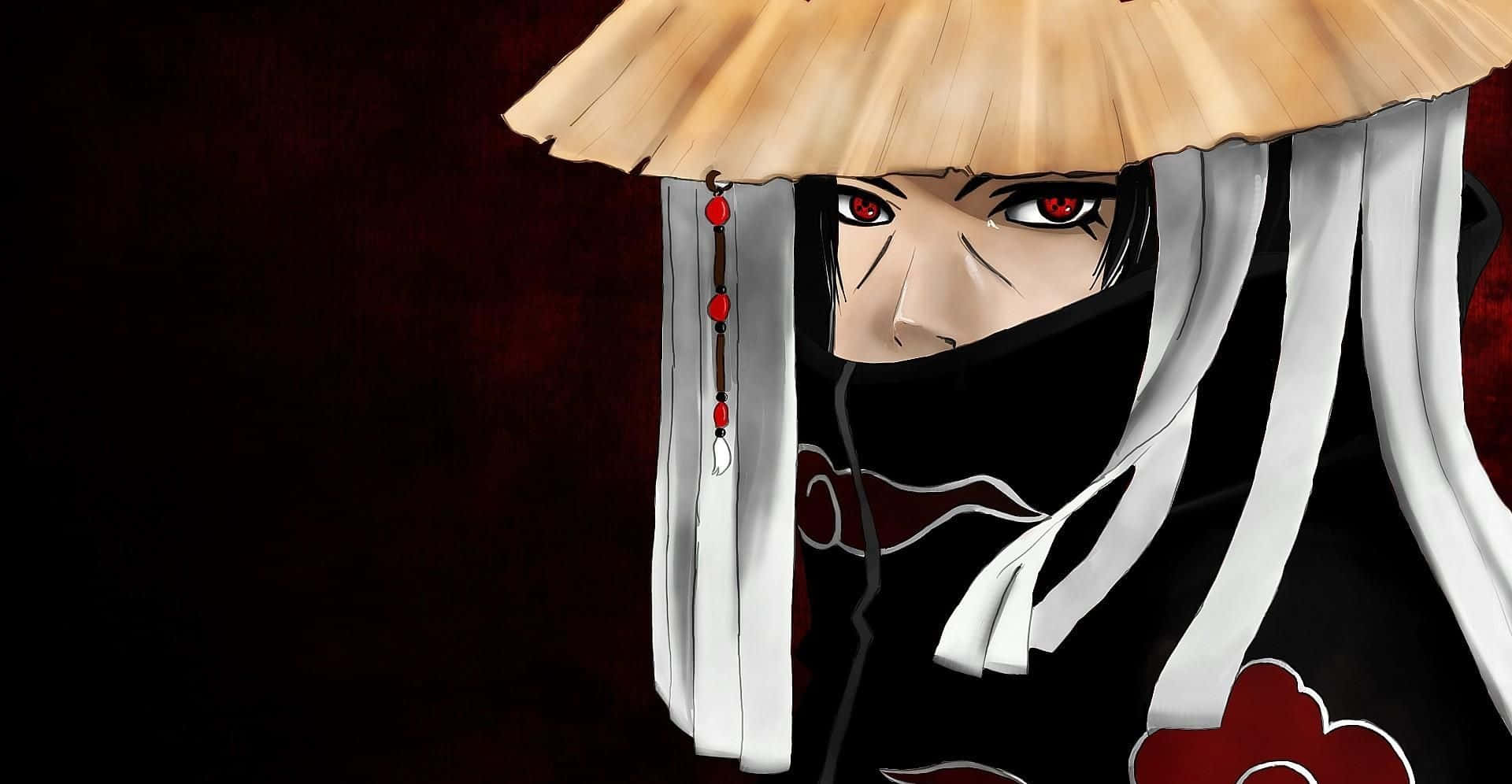 Akatsuki Naruto Shippuden 桌布 壁紙 — 一個帶有紅色眼睛和草帽的威脅性動漫角色，在深紅色背景的陰影中窺視。