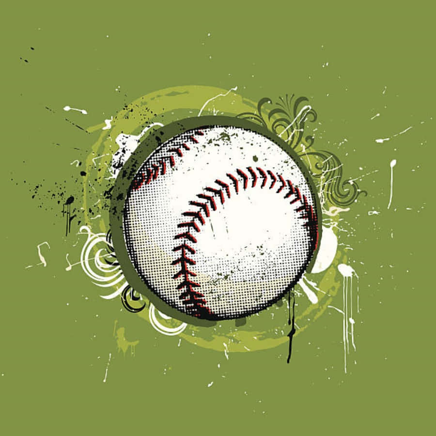 Cool Baseball 桌布 壁紙 — 一個帶有紅色縫線的風格化棒球，位於綠色背景中央，帶有白色和黑色的潑濺和漩渦裝飾。