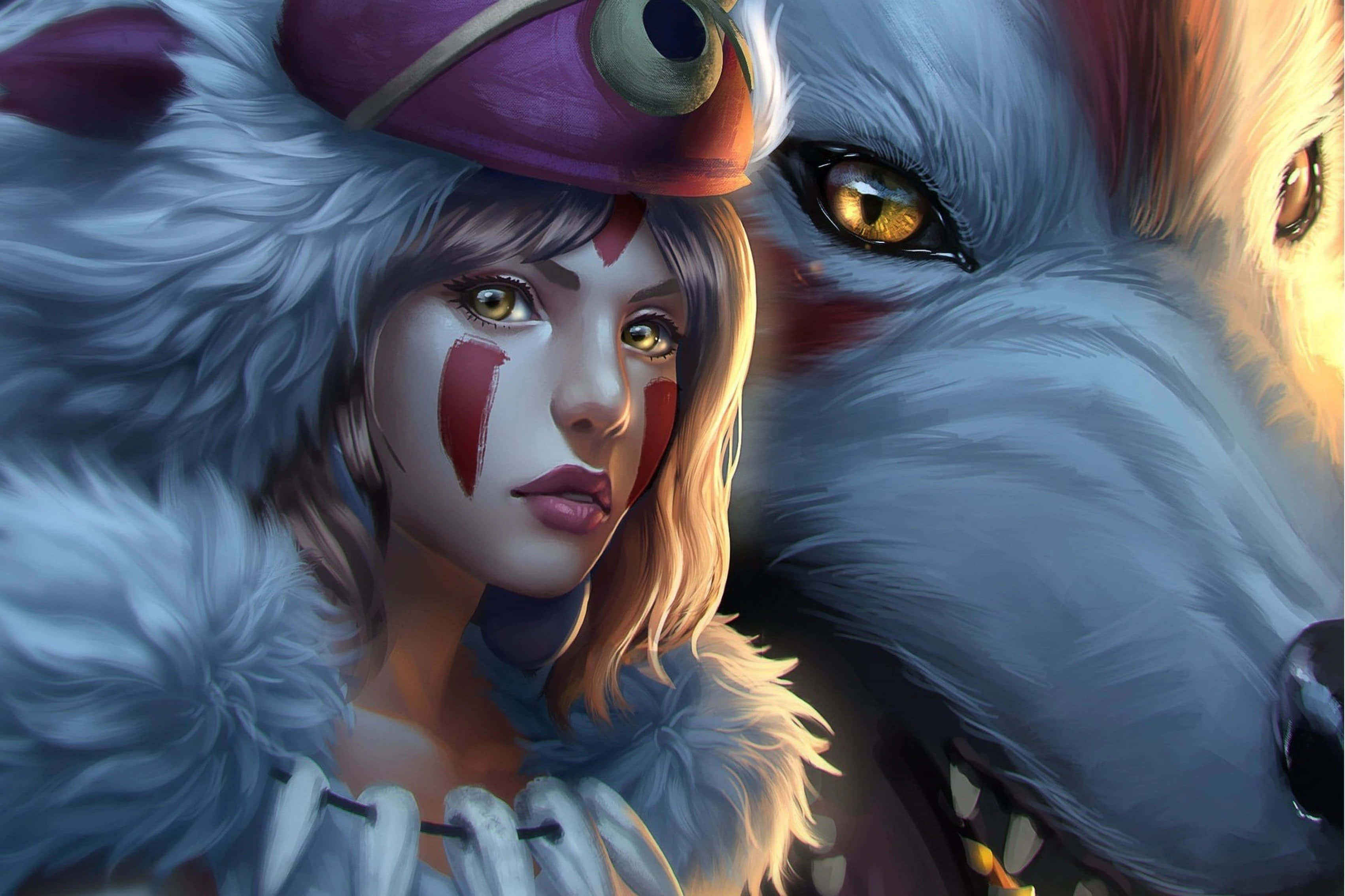 anime wolf 桌布 壁紙 — 一個帶有紅色臉部彩繪和金色眼睛、紫色頭飾的兇猛戰士女孩，與她的狼同伴在戲劇性的特寫中。
