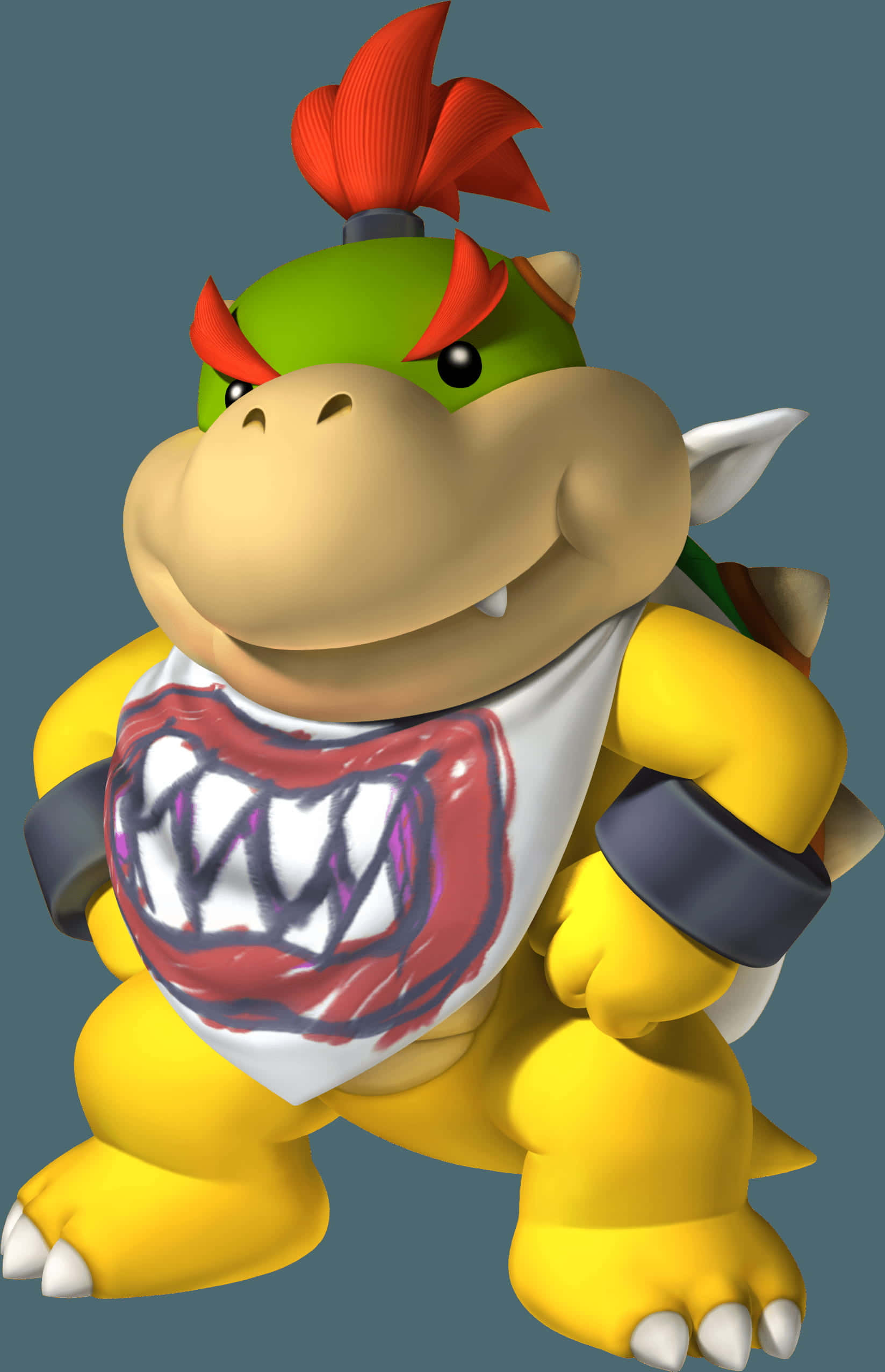 Bowser Jr 桌布 壁紙 — 一個帶有紅色莫西乾頭和尖刺殼的威脅性綠色龜狀角色，穿著帶有紅色嘴巴設計的白色圍兜，擺出威脅姿勢。