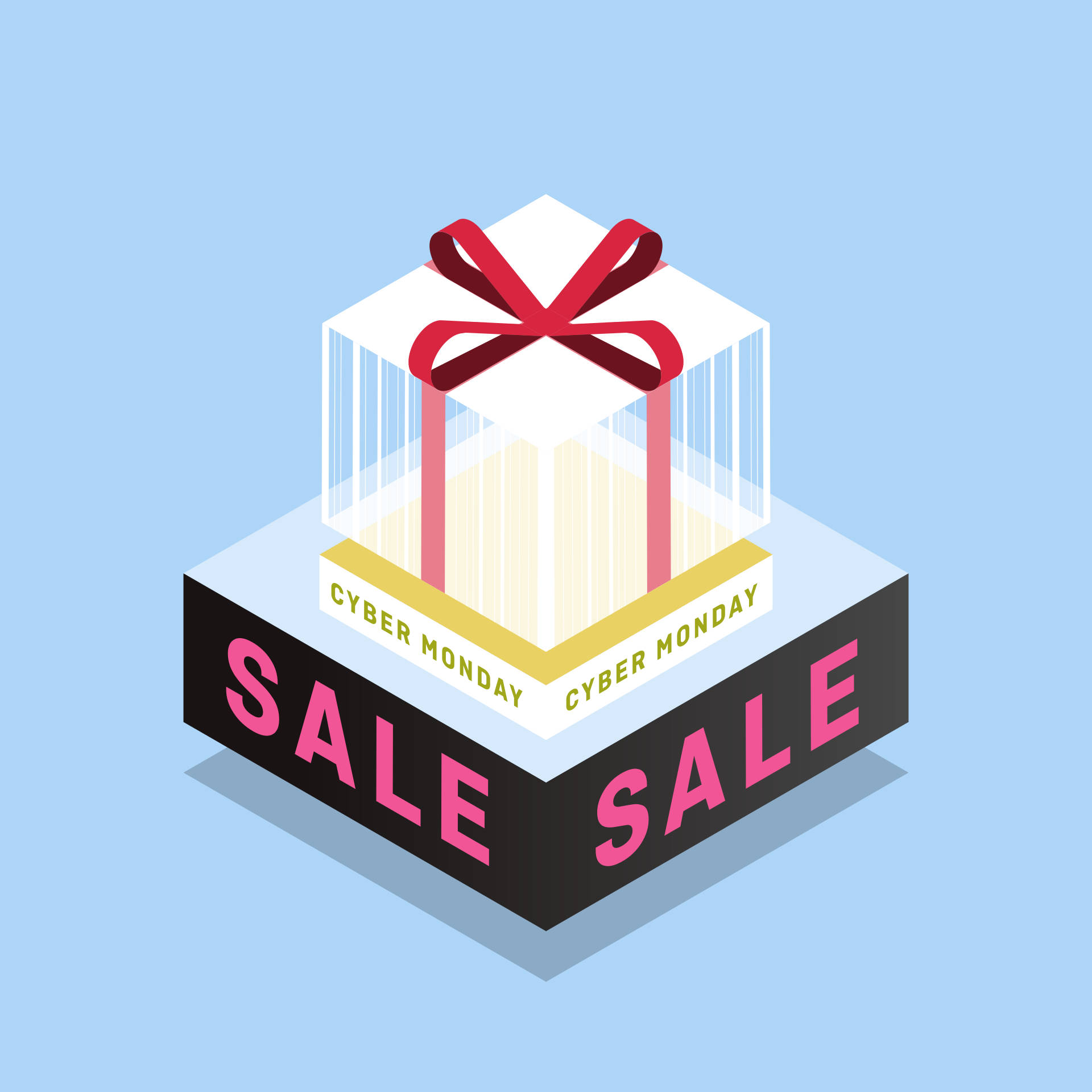 Sales 桌布 壁紙 — 一個帶有紅色蝴蝶結的風格化等距禮物盒，放置在標有 'SALE' 和 'CYBER MONDAY' 的黑色底座上，背景為淺藍色。