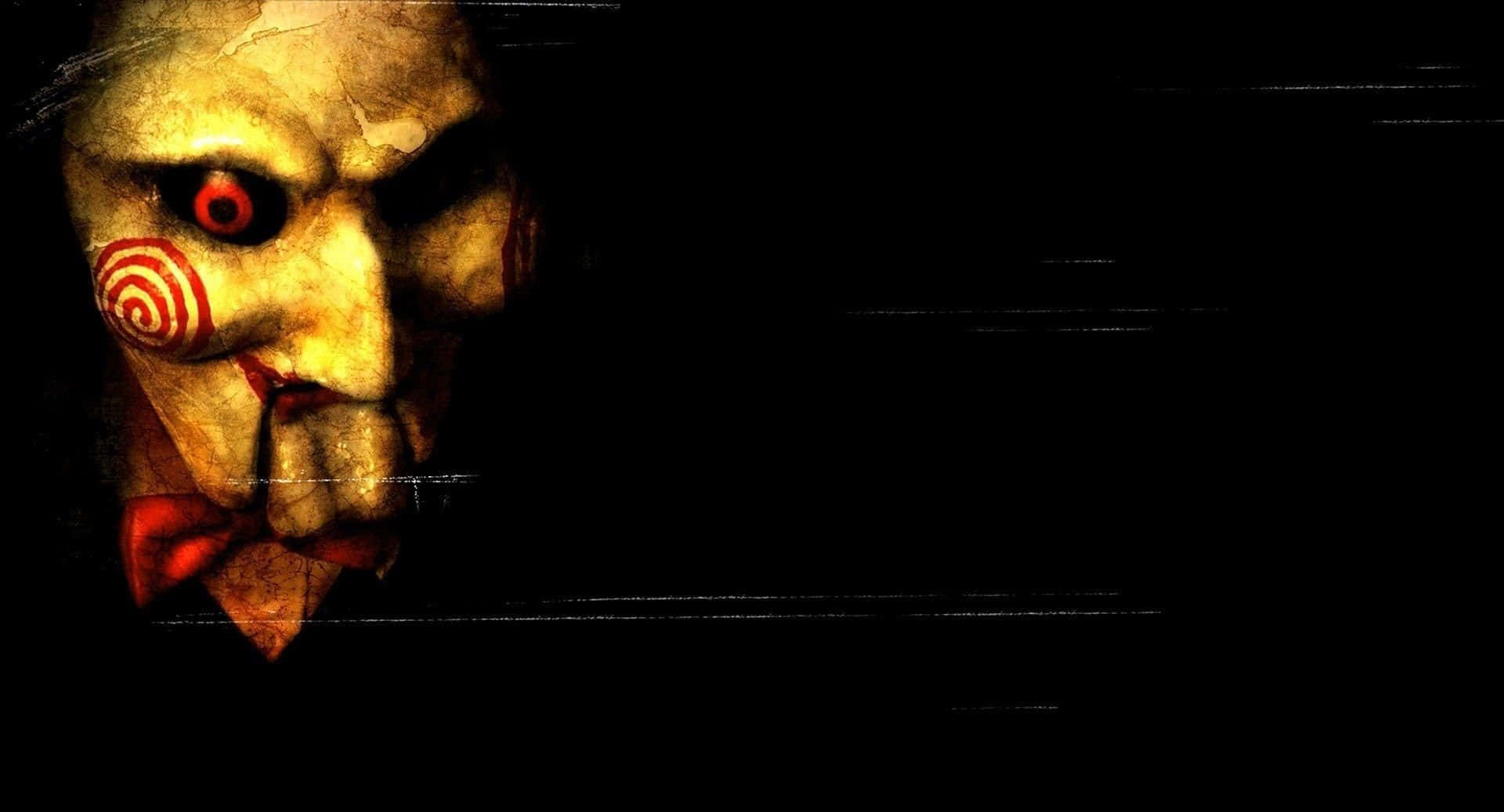 Horror Masks 桌布 壁紙 — 一個帶有紅色螺旋眼和蝴蝶結的威脅性黃色木偶臉從黑暗中凝視，帶有故障掃描線。