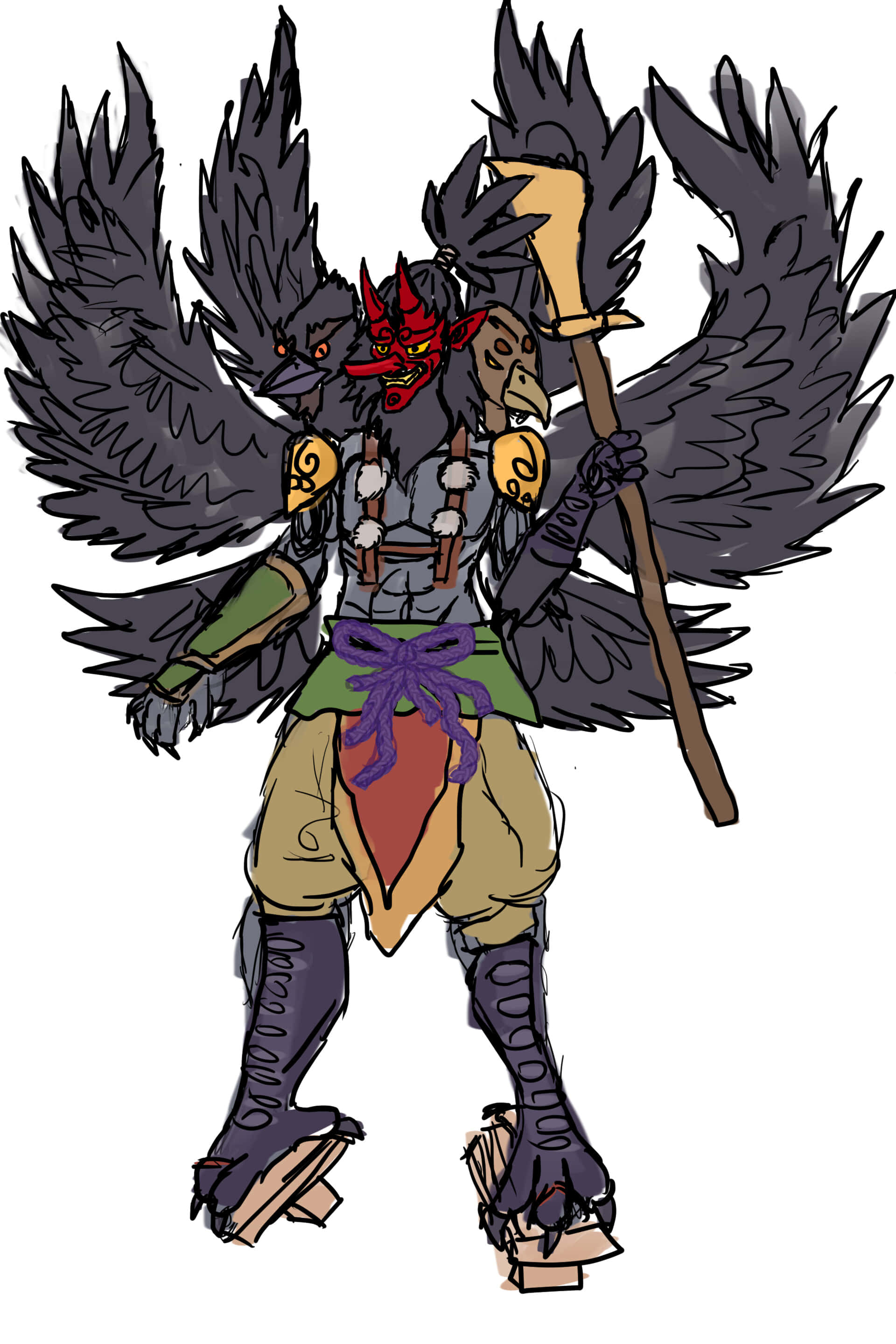 Tengu 桌布 壁紙 — 一個帶有紅色角和巨大黑色翅膀的威脅性烏鴉頭戰士，在純白色背景前揮舞著木杖。