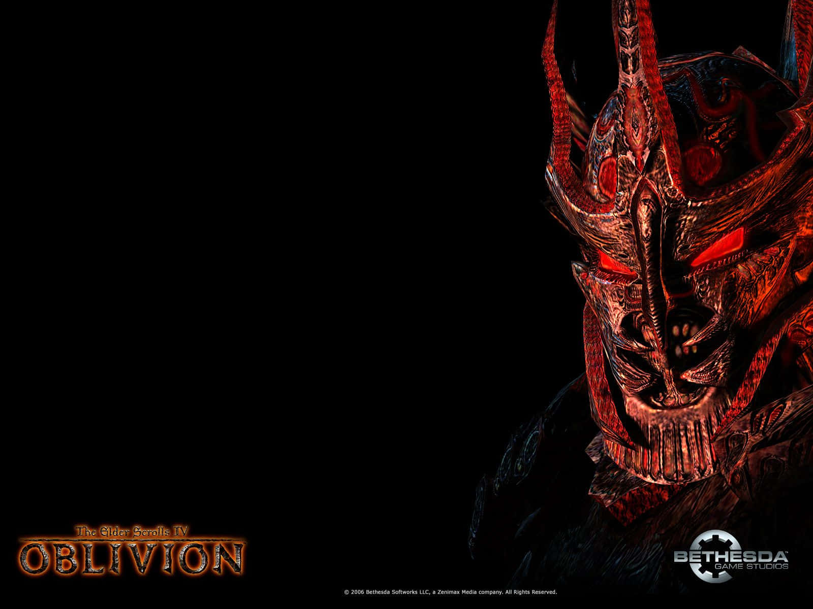 Skyrim Daedric 桌布 壁紙 — 一個帶有紅色調、眼睛發光、角部複雜的威脅性惡魔面孔從黑暗中浮現，用於遊戲宣傳壁紙。