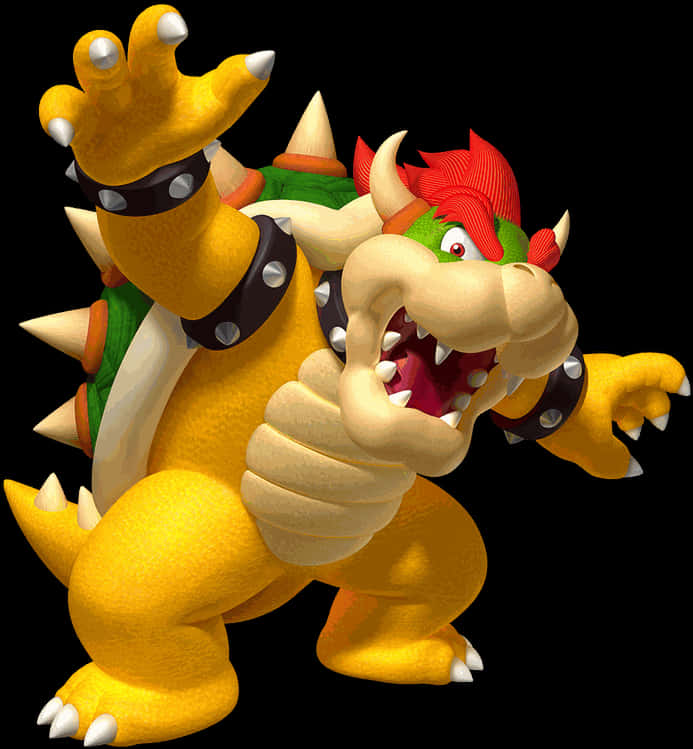 Bowser Kingof Koopas.PNG 壁紙 — 一個帶有紅色頭髮和尖刺殼的威脅性黃色恐龍王在黑色背景上侵略性地咆哮。