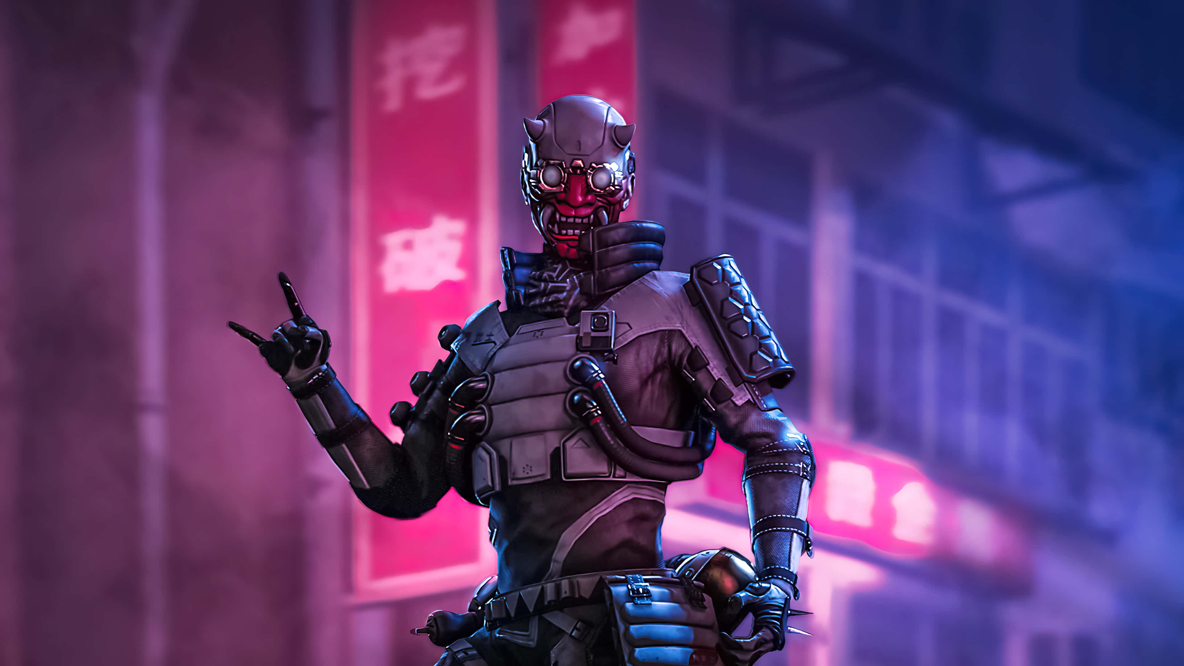 Apex Legends Characters 桌布 壁紙 — 一個帶有紅色骷髏面具和發光眼睛的威脅性裝甲人物，在夜晚霓虹燈照亮的城市小巷中做出搖滾手勢。