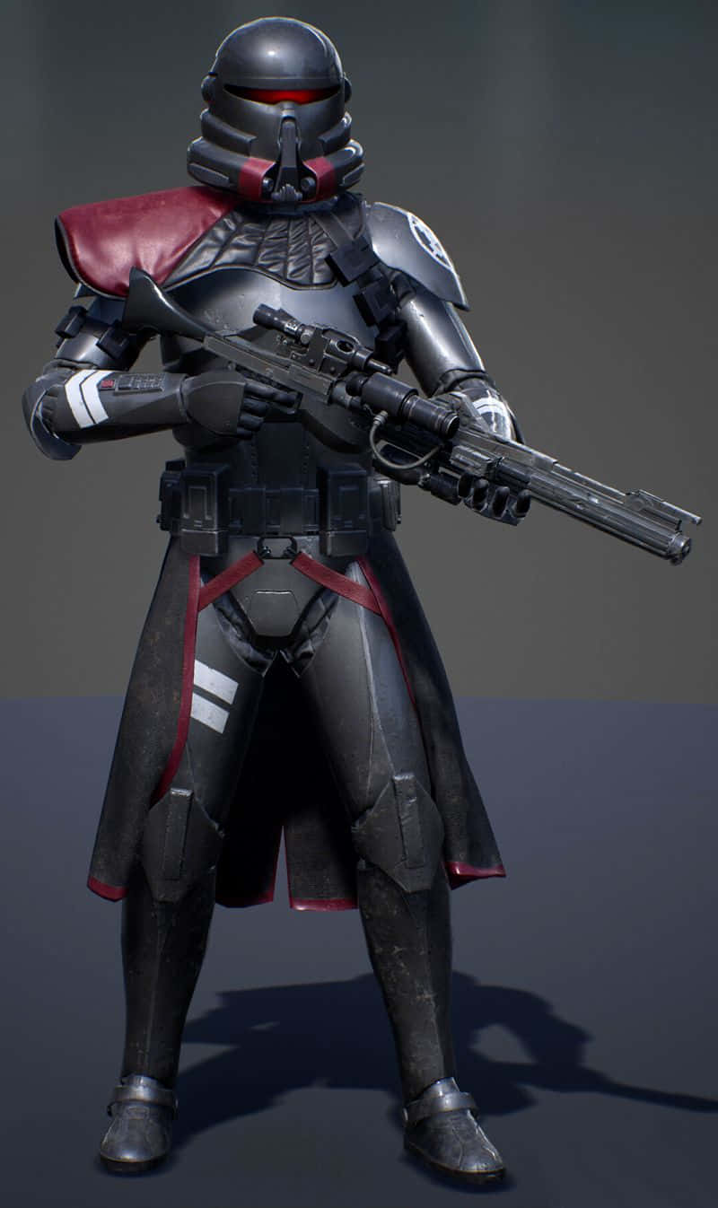 The Great Jedi Purge 桌布 壁紙 — 一個帶有紅色點綴和發光紅眼的威脅性黑色裝甲士兵，在深灰色工作室背景前手持爆能步槍。