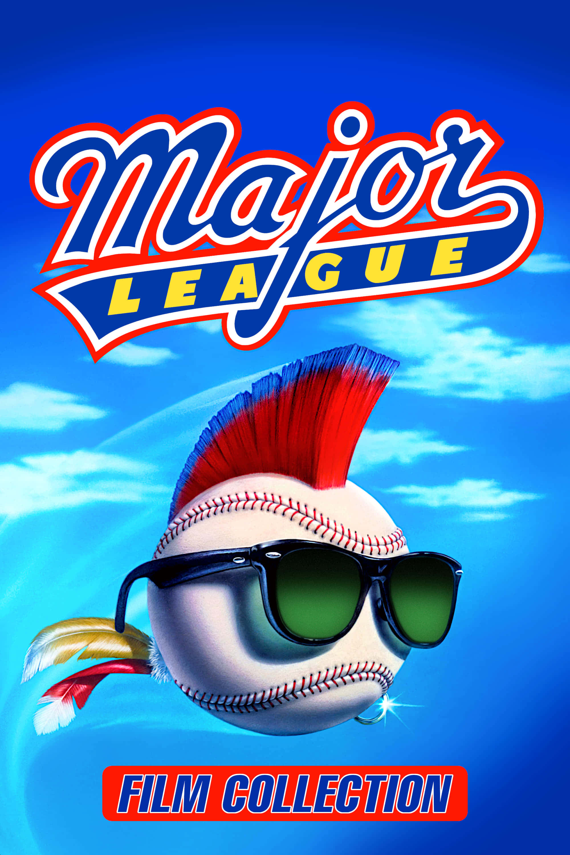 Major League Movie 桌布 壁紙 — 一個帶有紅藍莫霍克髮型和太陽眼鏡的棒球，在明亮的藍天下漂浮，下方有'Major League'標誌。