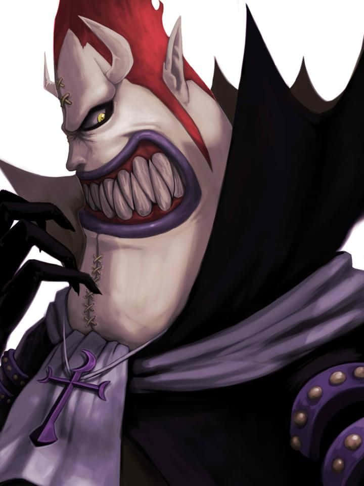 gecko moria 桌布 壁紙 — 一個帶有紅髮、尖牙和紫色十字架項鍊的威脅性動畫反派，背景為純白色。