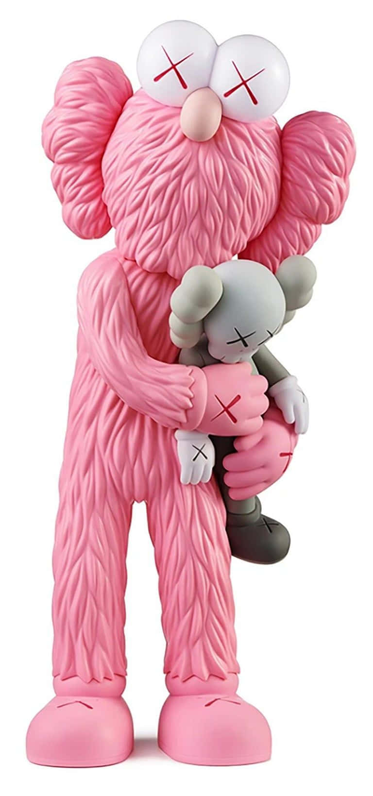 Kaws Bff 桌布 壁紙 — 一個帶有紋理毛髮的大型粉紅色KAWS公仔，在純白背景前擁抱一個較小的灰色KAWS公仔。