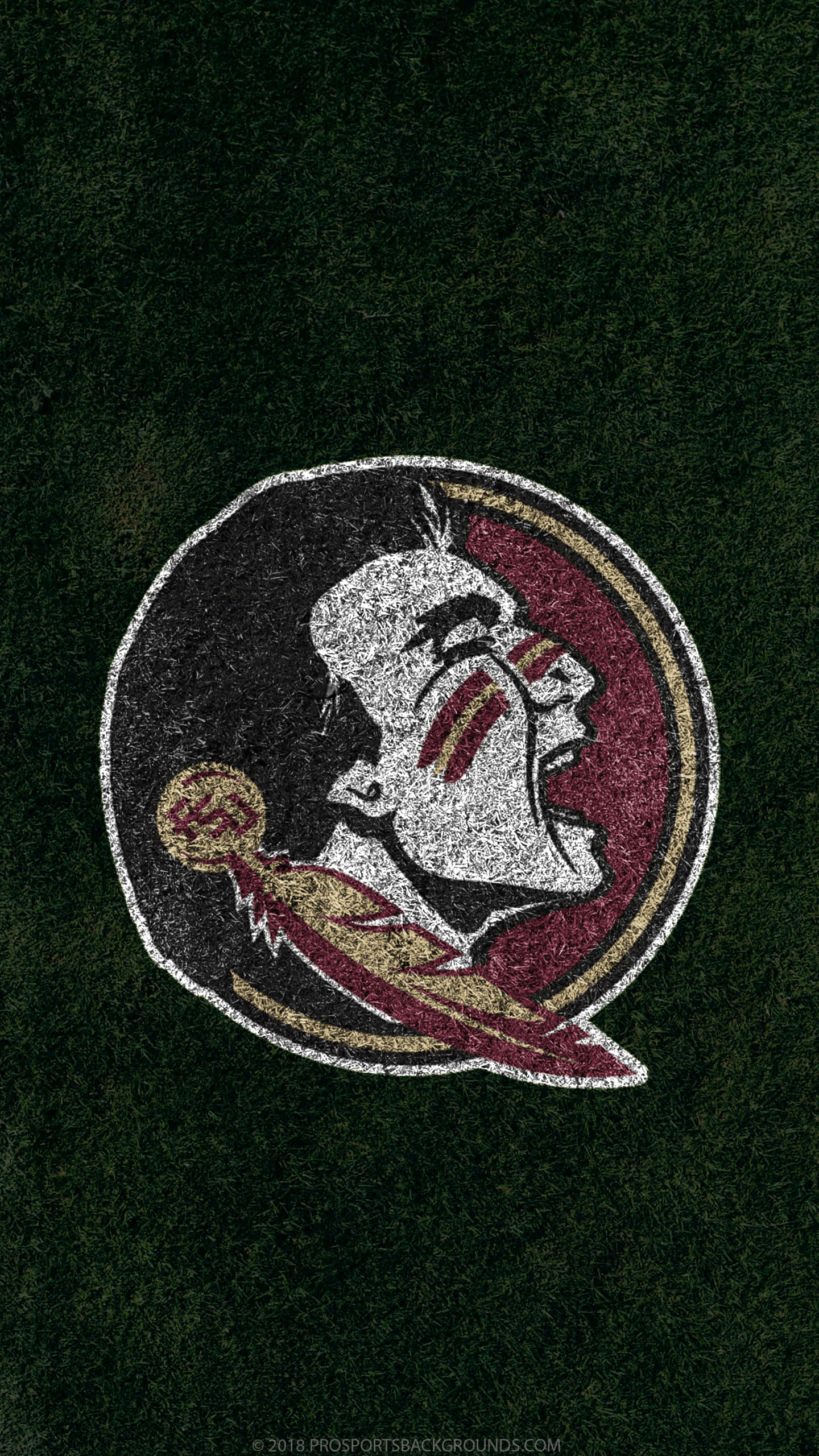 Go Seminoles！ 壁紙 — 一個帶有紋理的佛羅里達州立塞米諾爾人標誌，在深綠色草地背景上有一個咆哮的美洲原住民酋長。