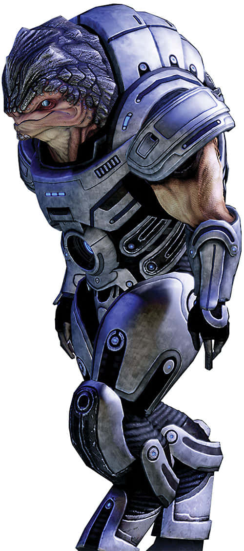 Mass Effect Grunt 桌布 壁紙 — 一個帶有紋理皮膚和發光紅眼的威脅性裝甲外星戰士，以備戰姿勢站立。
