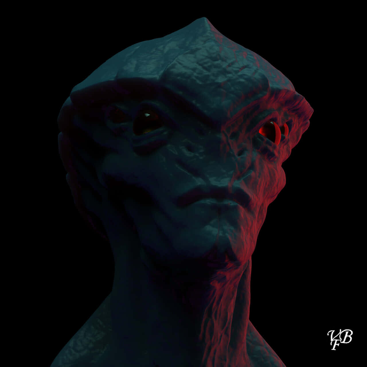Mass Effect Javik 桌布 壁紙 — 一個帶有紋理藍色皮膚和發光紅色眼睛的威脅性外星生物，在黑色背景下強烈凝視。