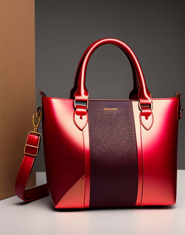 Red Handbag 桌布 壁紙 — 一個帶有紋理酒紅色條紋的光面紅色手袋，優雅地放置在簡約的工作室背景前。