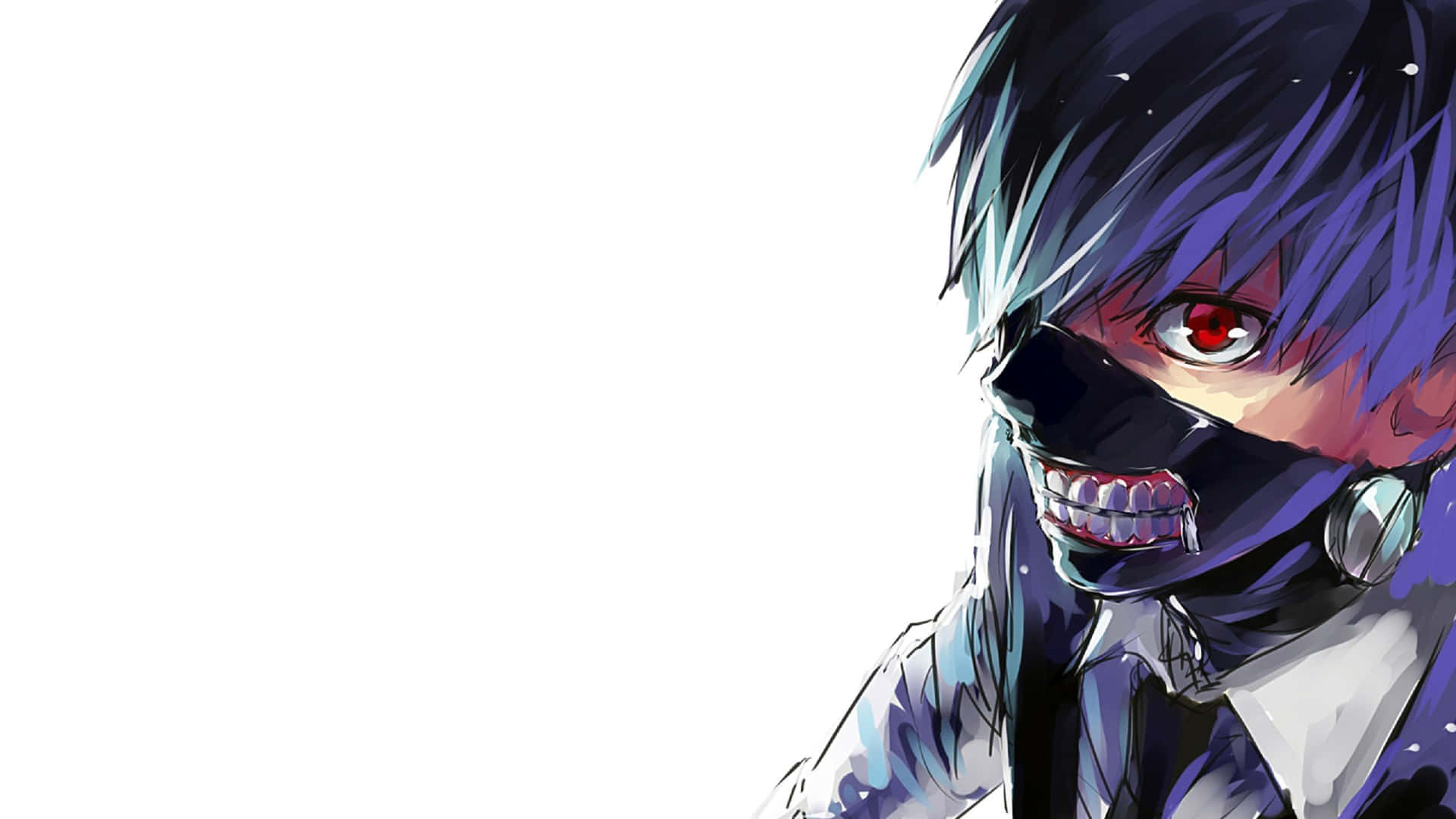 Kaneki's Mask 桌布 壁紙 — 一個帶有紫色頭髮、紅色眼睛和黑色面具、露出尖銳牙齒的威脅性動漫角色，背景為純白色。
