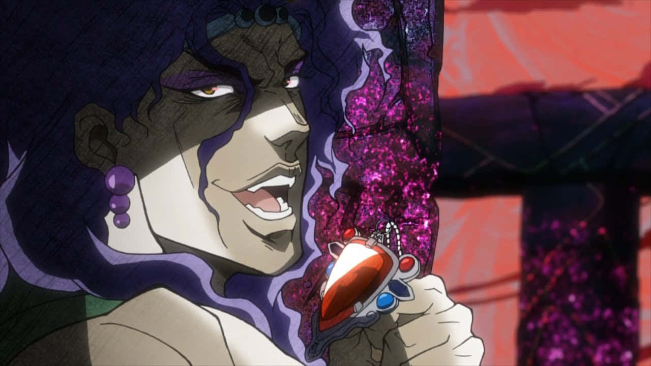 Jojo's Bizarre Adventure Kars 桌布 壁紙 — 一個帶有紫色頭髮和閃爍光環的威嚇動漫角色，手持發光的紅色和藍色神器。