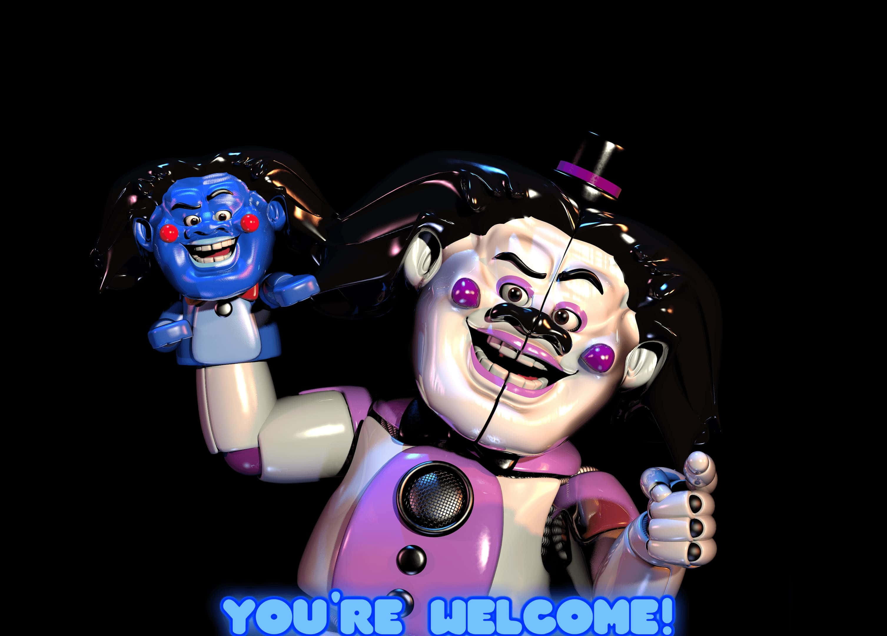 Funtime Freddy 桌布 壁紙 — 一個帶有紫色點綴和藍色木偶的威脅性電子動畫小丑，在黑色背景上舉著「不客氣！」的牌子。