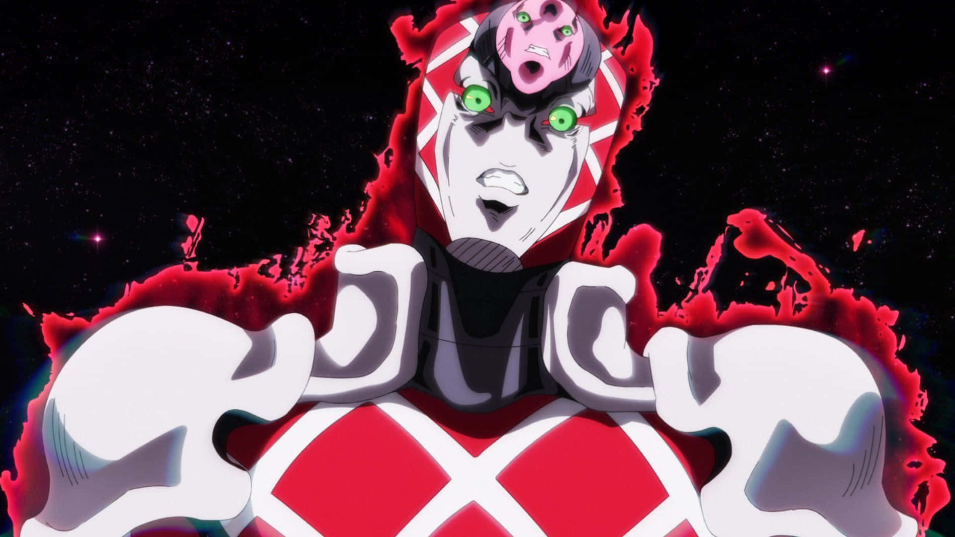 Jojo King Crimson 桌布 壁紙 — 一個帶有綠色眼睛和紅白盔甲的威嚇性動漫角色，站在繁星點點的黑色太空背景前。