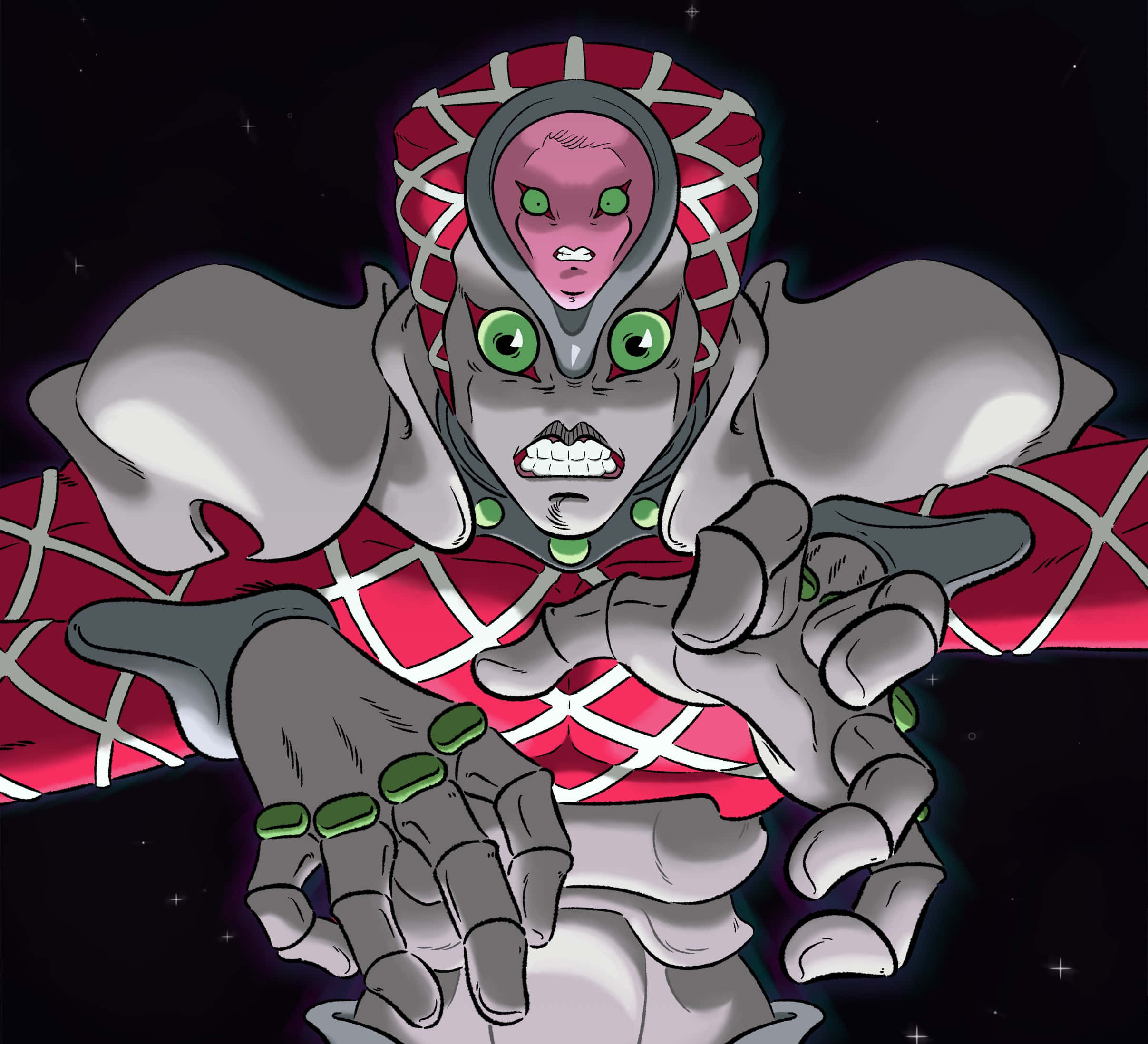 Jojo King Crimson 桌布 壁紙 — 一個帶有綠色眼睛和紅色網狀盔甲的威脅性動漫風格外星人，在繁星點點的太空背景下伸出手來。