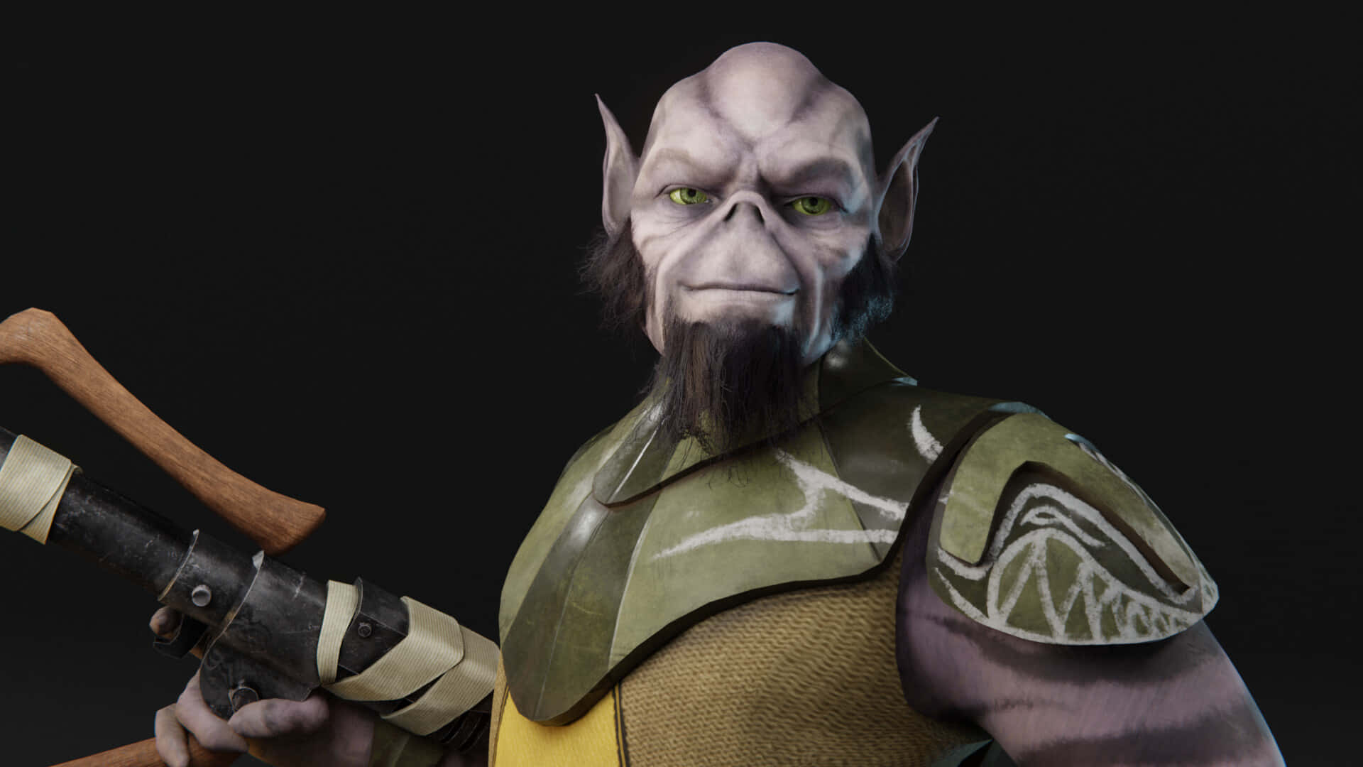 Zeb Orrelios 桌布 壁紙 — 一個帶有綠色眼睛和鬍鬚的威脅性獸人戰士，在黑色背景前握著一把包裹的武器。