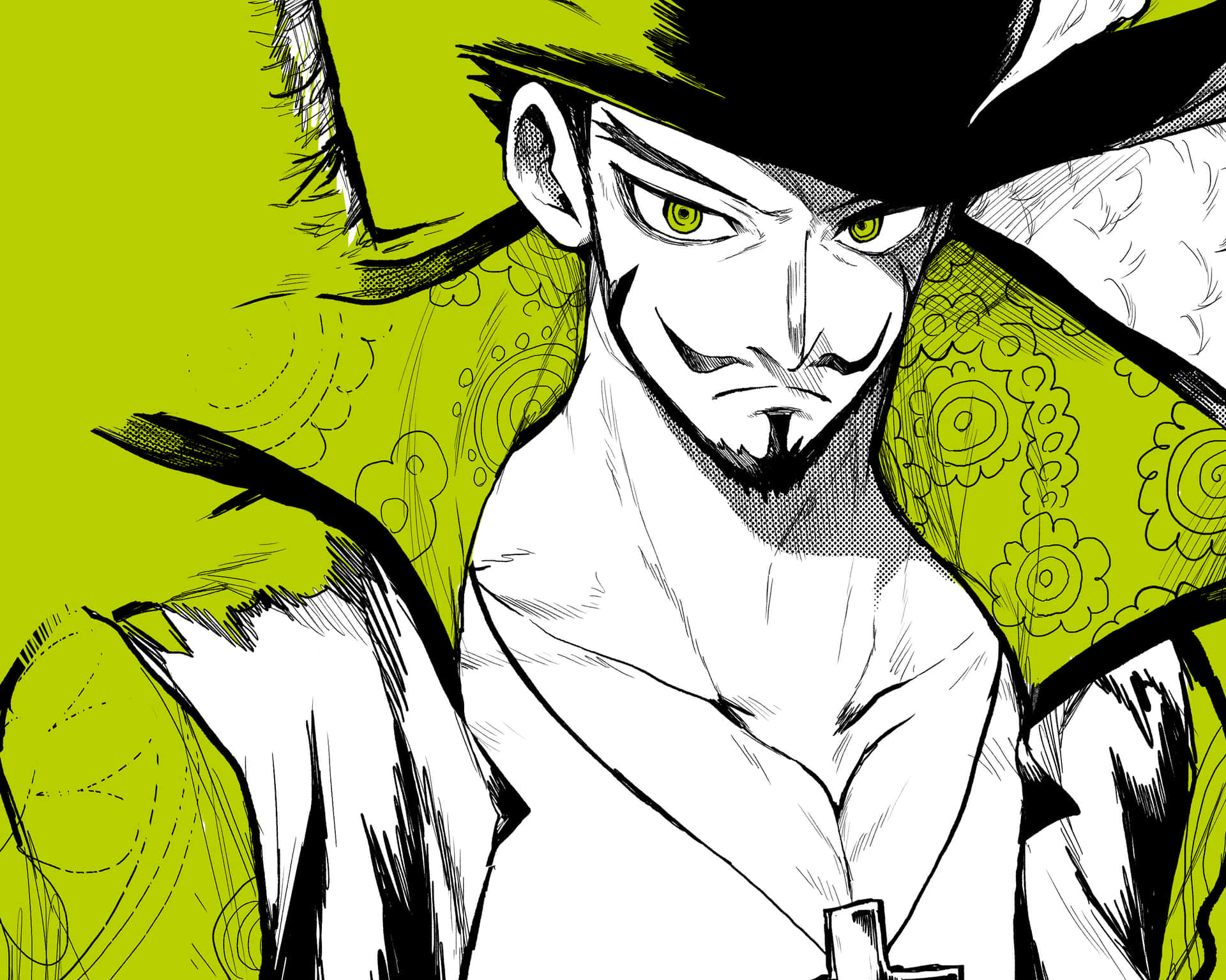 Dracule Mihawk 桌布 壁紙 — 一個帶有綠色眼睛和黑色帽子的威脅性動漫男子，在充滿活力的青檸綠色背景上強烈凝視。