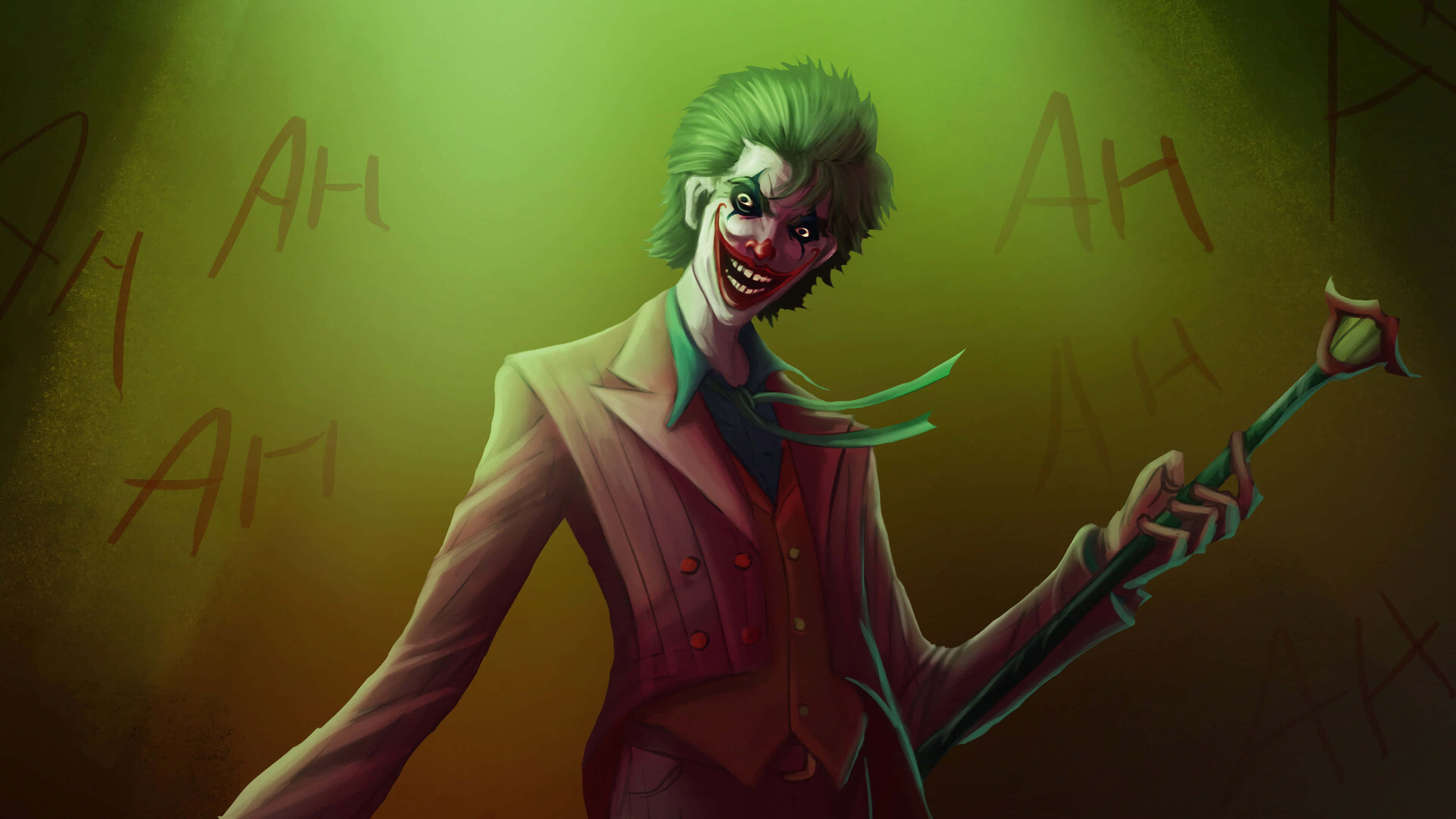 Joker Comic 桌布 壁紙 — 一個帶有綠色頭髮和咧嘴笑的威脅性小丑，在發光的綠色背景前拿著手杖，背景上有'AH'塗鴉。