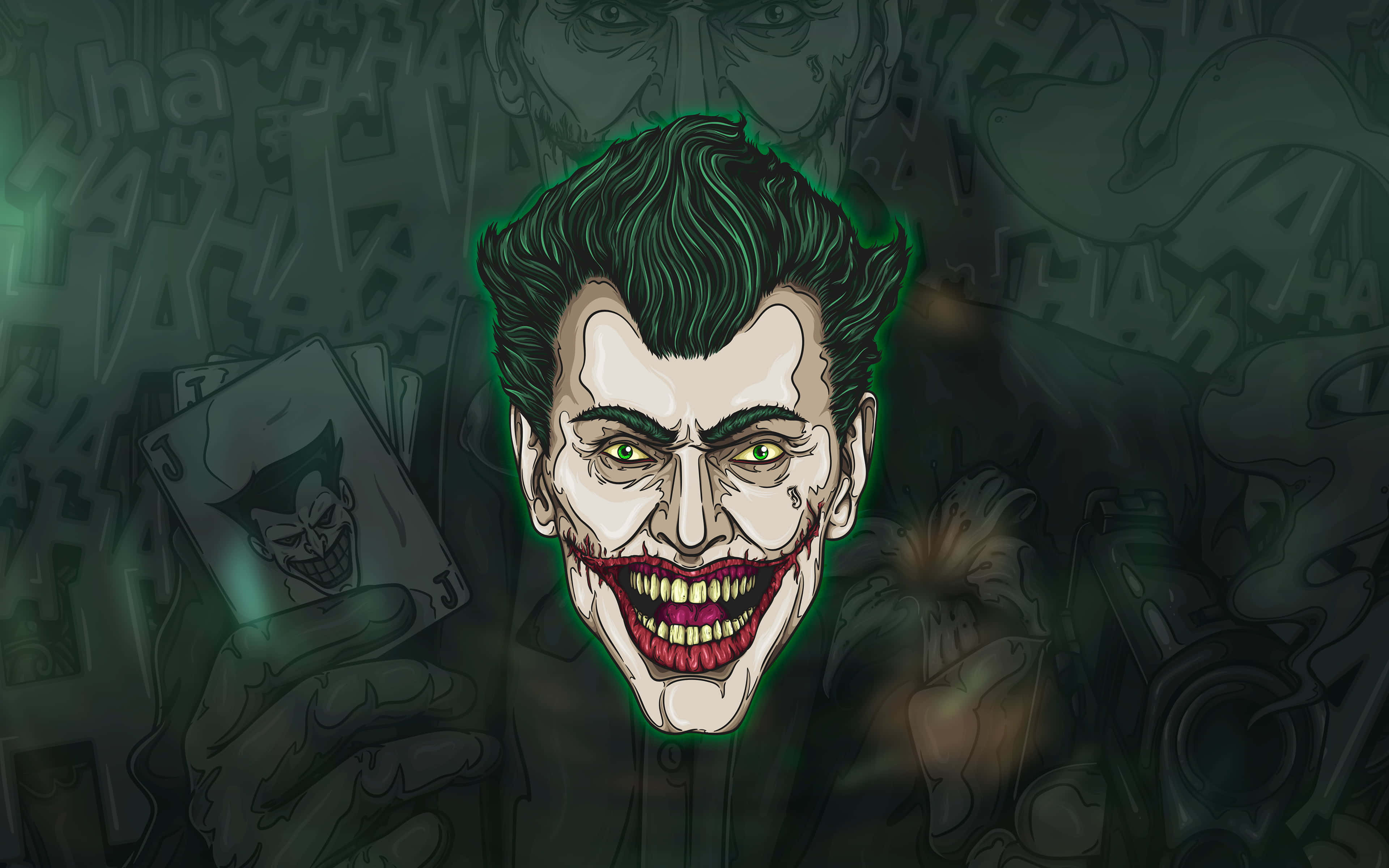 Joker Card 桌布 壁紙 — 一個帶有綠色頭髮和寬闊笑容的威脅性卡通小丑，在黑暗塗鴉背景下手持撲克牌。