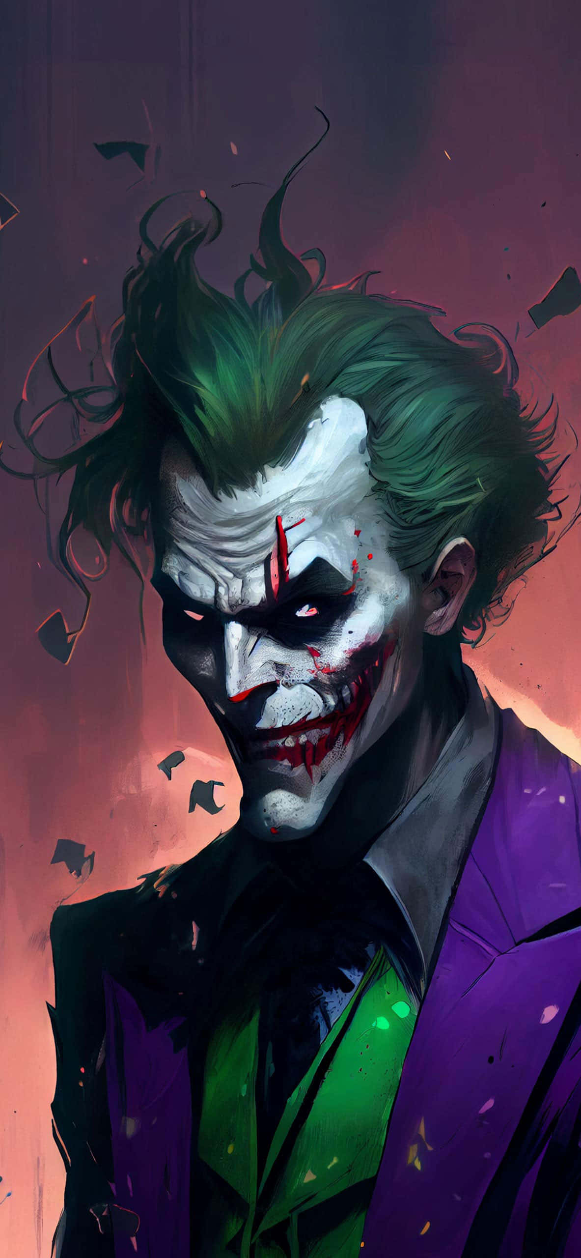 Batman Comics 桌布 壁紙 — 一個帶有綠色頭髮和紫色西裝的威脅性小丑，在帶有紅色和紫色色調的破碎背景前冷笑。