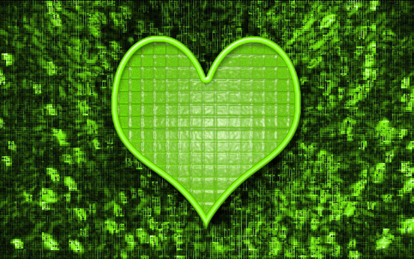 Green Heart 桌布 壁紙 — 一個帶有網格紋理的發光綠色心形漂浮在數位綠色代碼背景上。