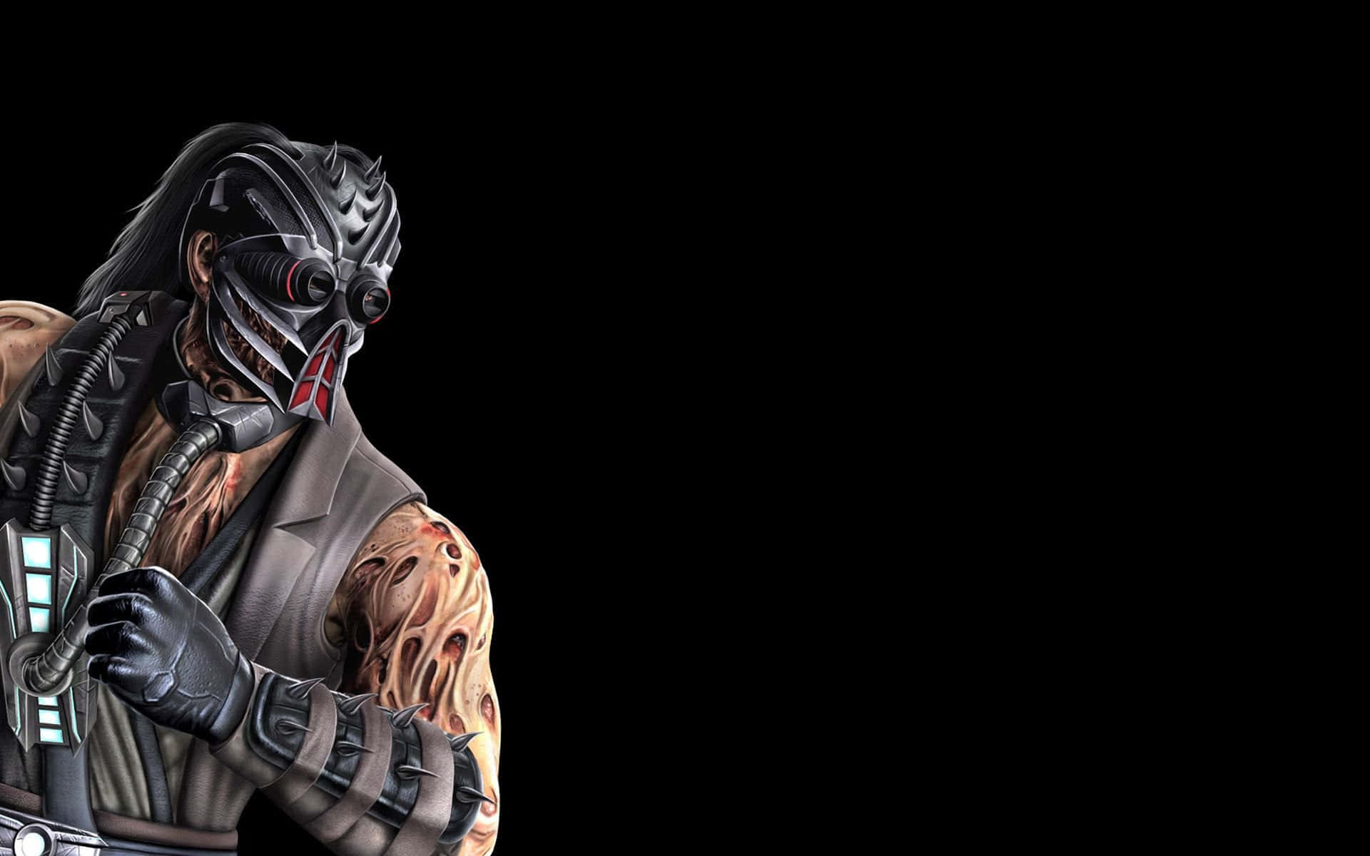 Mortal Kombat Kabal 桌布 壁紙 — 一個帶有網絡強化裝置和發光紅眼的威脅性蒙面戰士，站在純黑背景前。