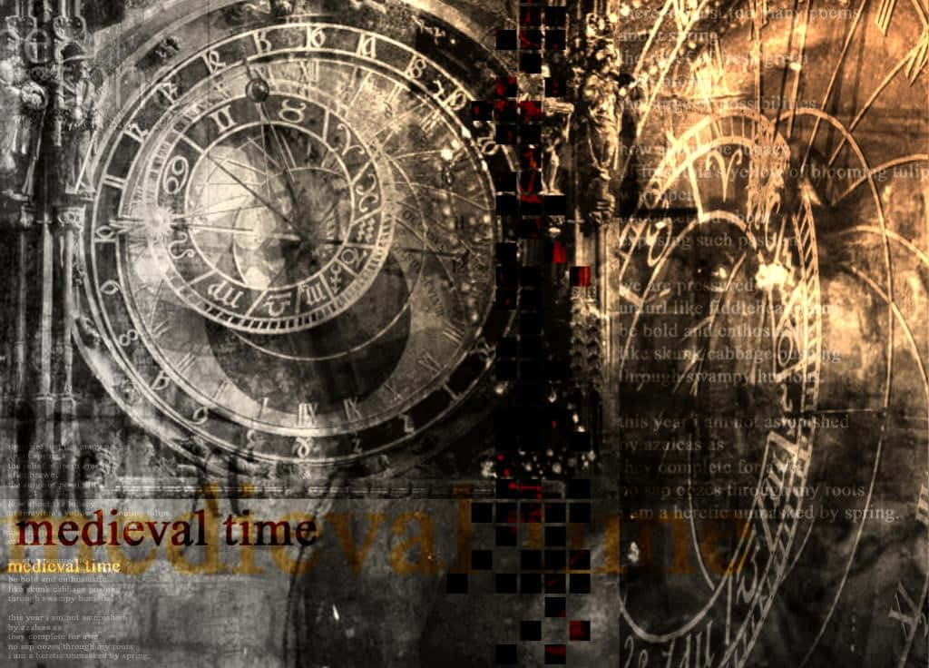 Time 桌布 壁紙 — 一個帶有羅馬數字和星座符號的破碎中世紀時鐘，疊加在復古風格的文字拼貼畫上，色調為深褐色和黑色。