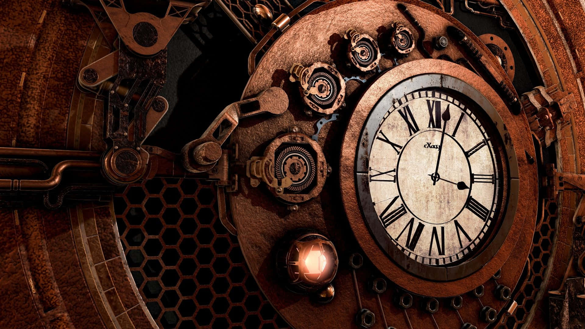 Time 桌布 壁紙 — 一個帶有羅馬數字和黃銅齒輪的蒸氣龐克時鐘，在六角形金屬背景下溫暖地發光。
