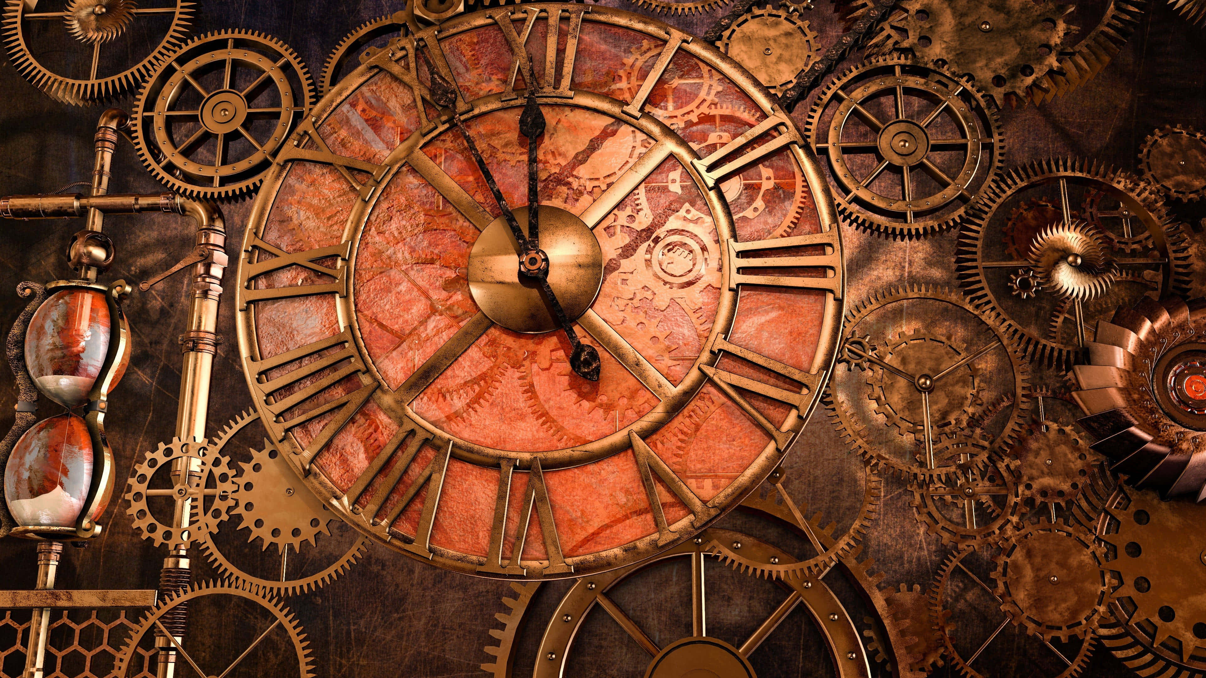 Dark Steampunk 桌布 壁紙 — 一個帶有羅馬數字和黃銅齒輪的蒸氣龐克時鐘，主宰著由複雜機械部件組成的紋理背景。