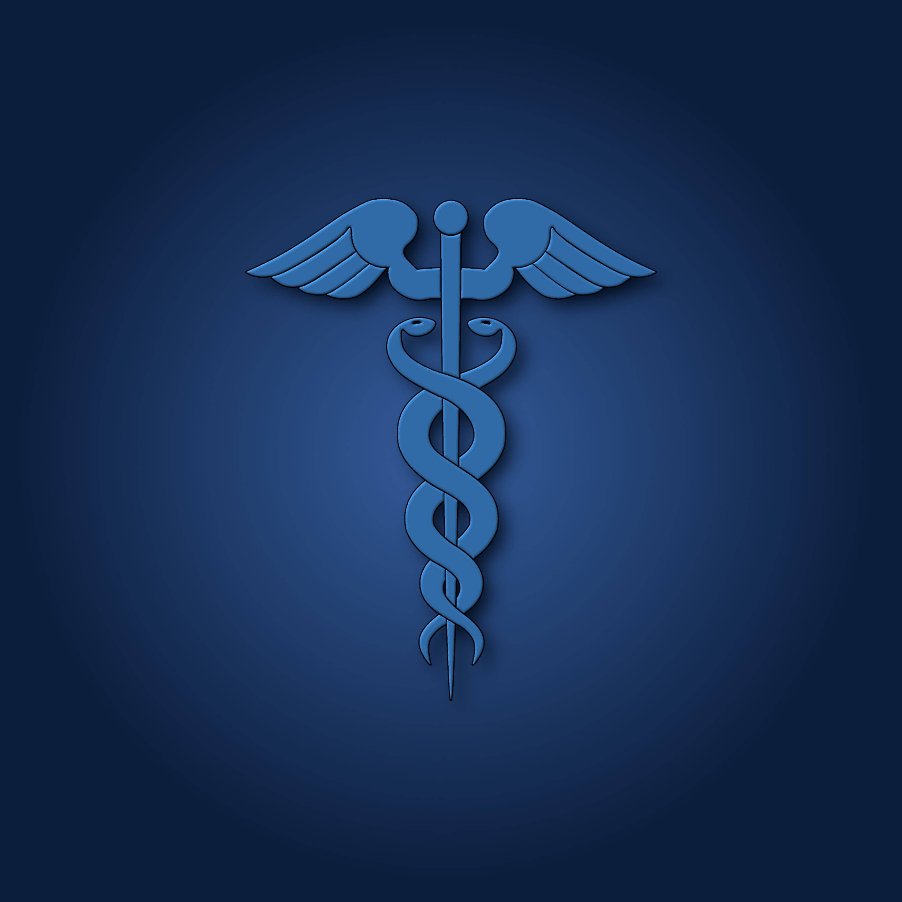 doctor symbol 桌布 壁紙 — 一個帶有翅膀和纏繞蛇的藍色醫療杖象徵，居中放置在漸變深藍色背景上。