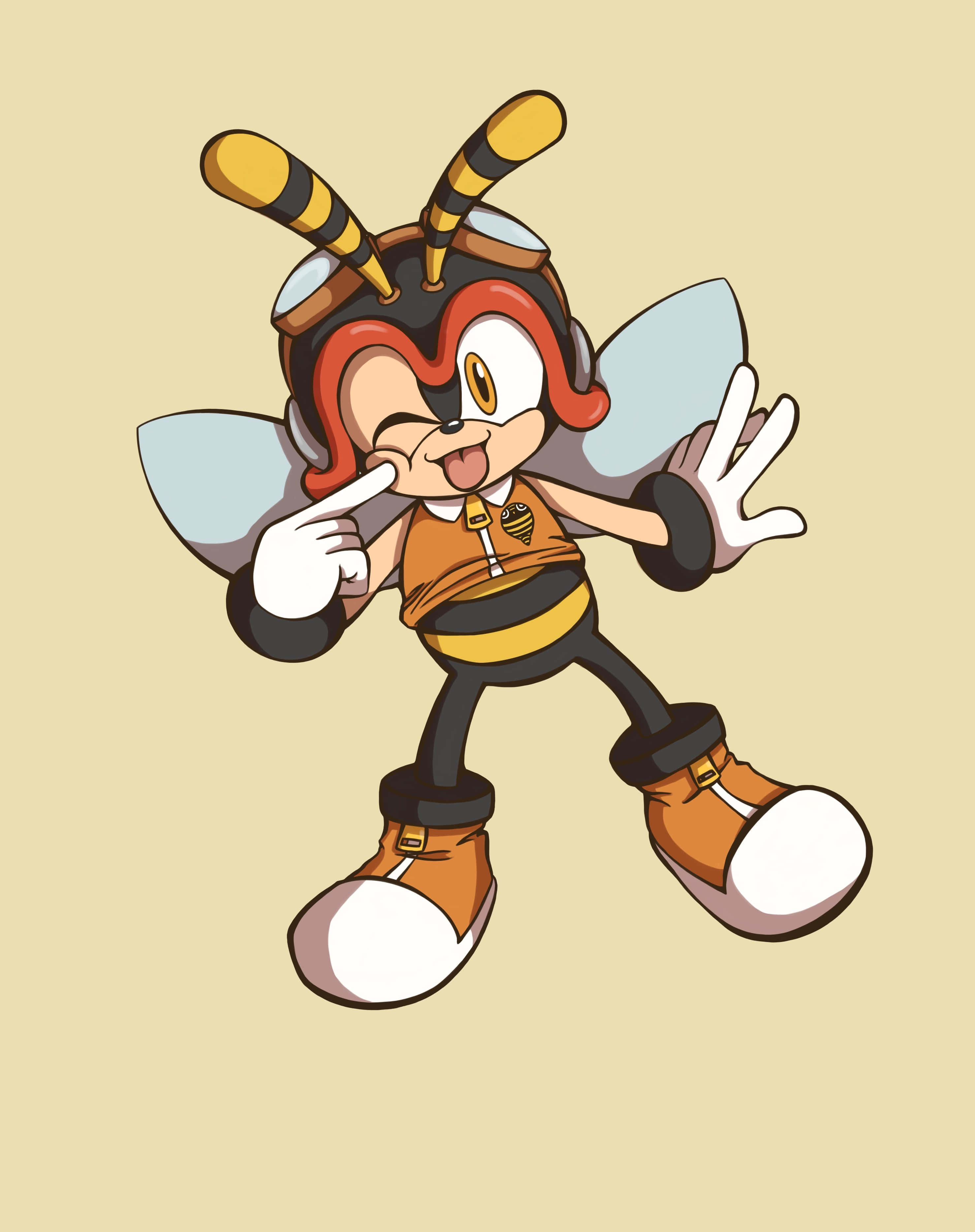 Charmy Bee 桌布 壁紙 — 一個帶有翅膀和觸角的快樂卡通蜜蜂角色，在純米色背景前擺出俏皮的姿勢。
