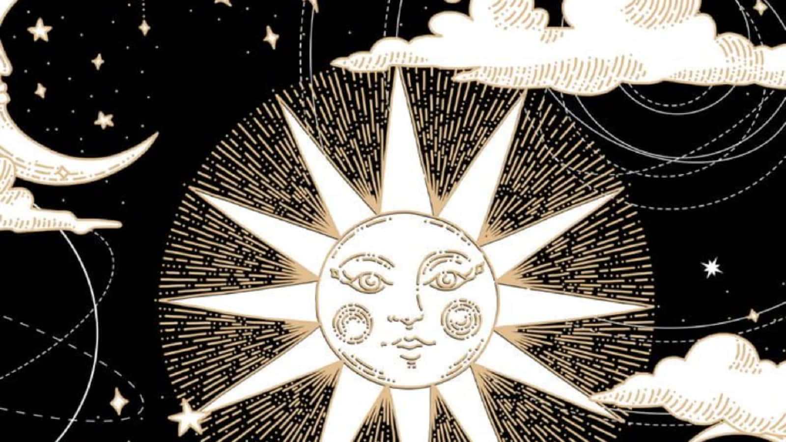 女巫風格 桌布 壁紙 — 一個帶有臉孔的風格化太陽，在點綴著星星和彎月的黑色天空中散發出金色光芒。