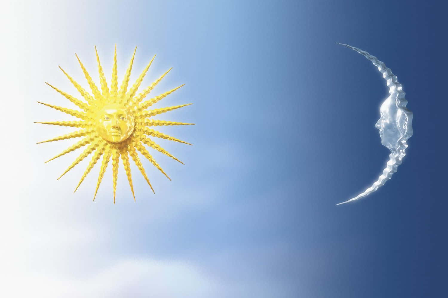 太陽與月亮 桌布 壁紙 — 一個帶有臉龐和尖銳光線的燦爛金色太陽，在柔和藍天下，與一個帶有寧靜臉龐的彎月並肩閃耀。