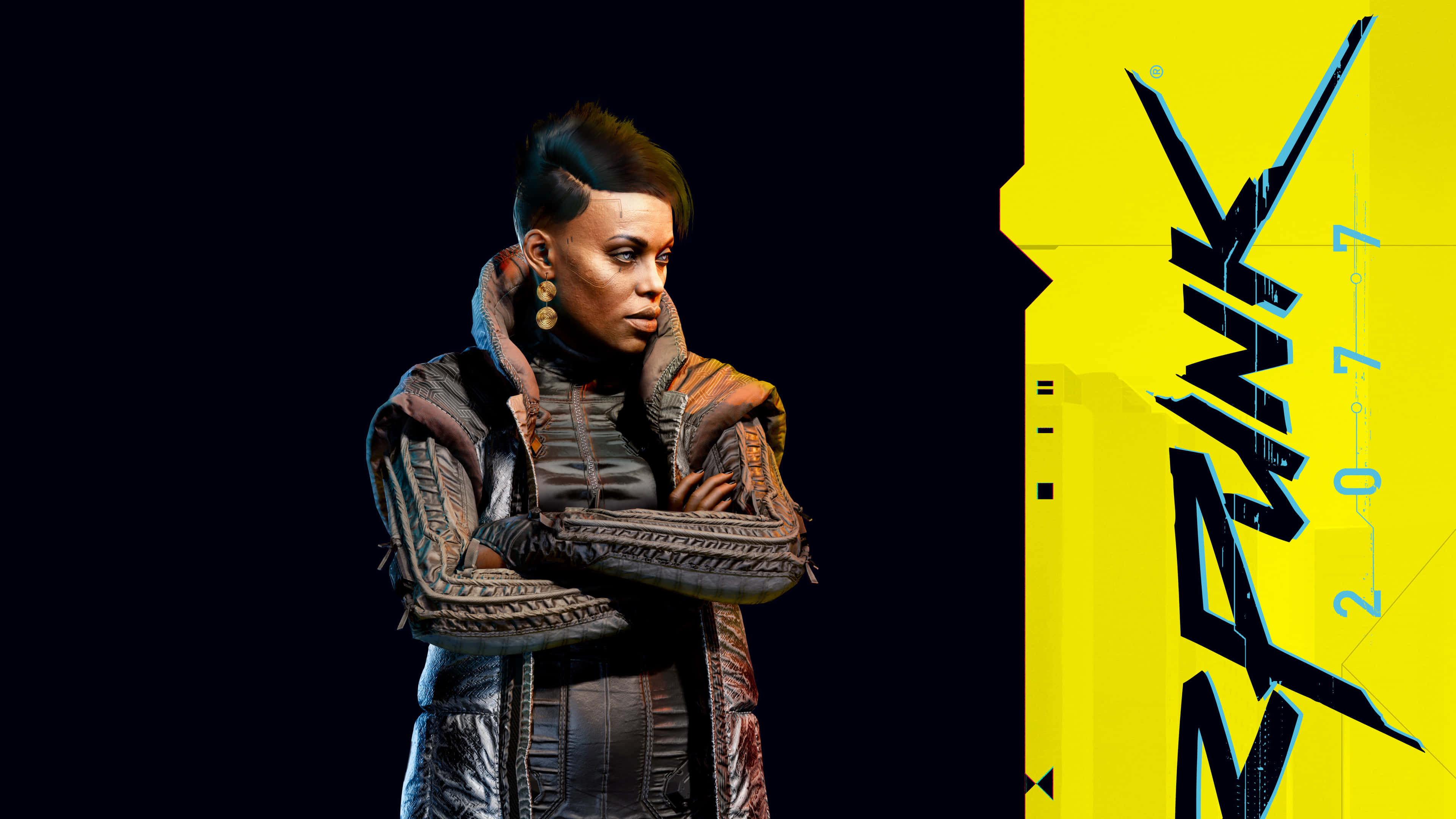 Cyberpunk 2077 Characters 桌布 壁紙 — 一個帶有莫霍克頭的兇猛賽博龐克女性站在純黑色背景旁，旁邊是一個大膽的黃色圖形，上面有風格化的文字「PINK 2077」。