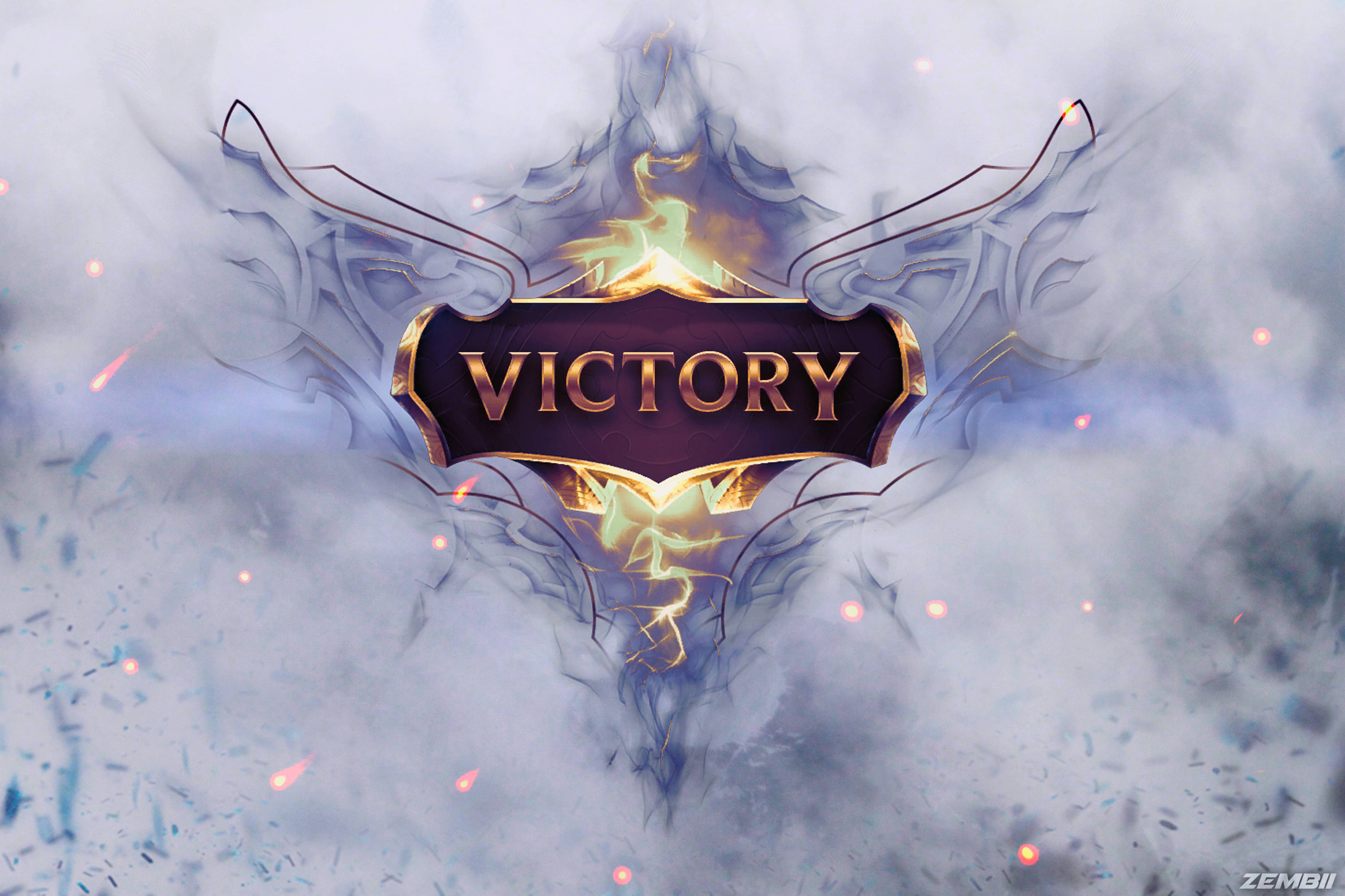 Victory 桌布 壁紙 — 一個帶有華麗翅膀、發光的金色「VICTORY」標誌從旋轉的迷霧和火花中浮現。