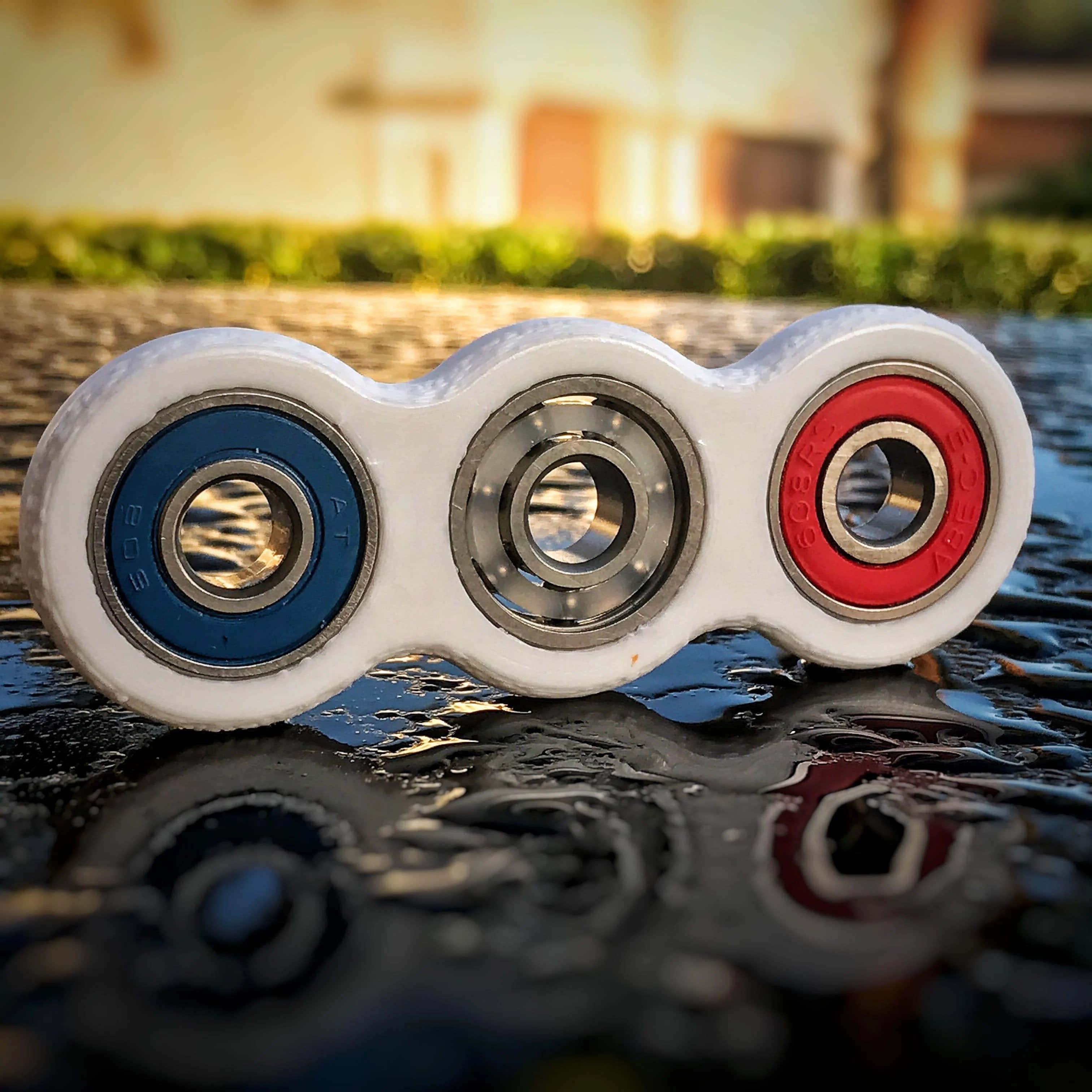 Fidget 桌布 壁紙 — 一個帶有藍色、紅色和銀色軸承的白色指尖陀螺，放置在反射金色陽光的潮濕路面上。