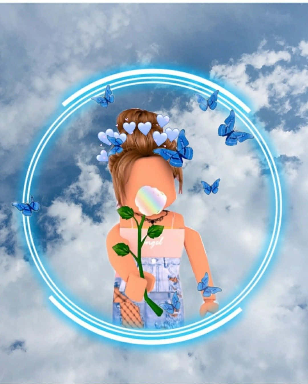 Cute Roblox 桌布 壁紙 — 一個帶有藍色蝴蝶和心形配飾的Roblox虛擬角色站在發光圓圈內，背景是陰天，手持一朵玫瑰。