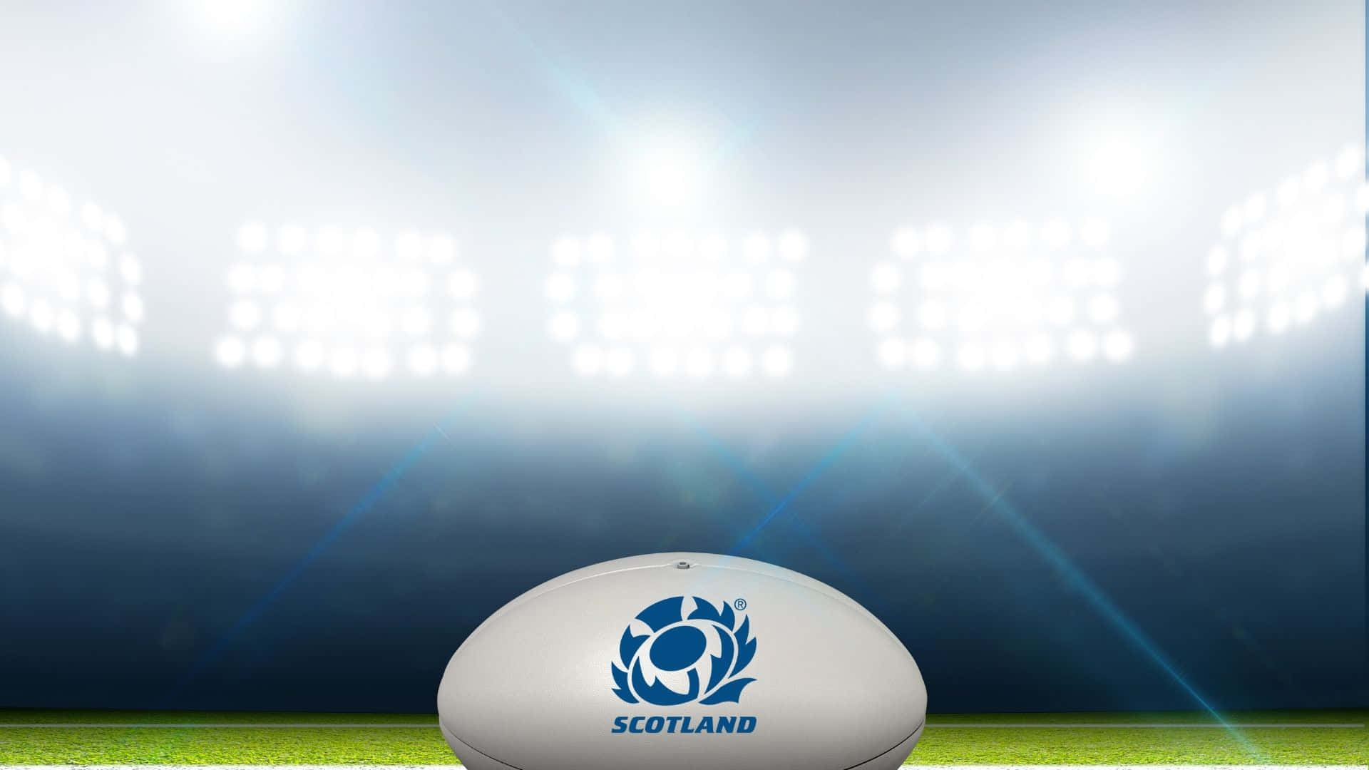 Scotland Rugby 桌布 壁紙 — 一個帶有蘇格蘭標誌的白色欖球，在明亮的體育場燈光下，放置在充滿活力的綠色草地上。