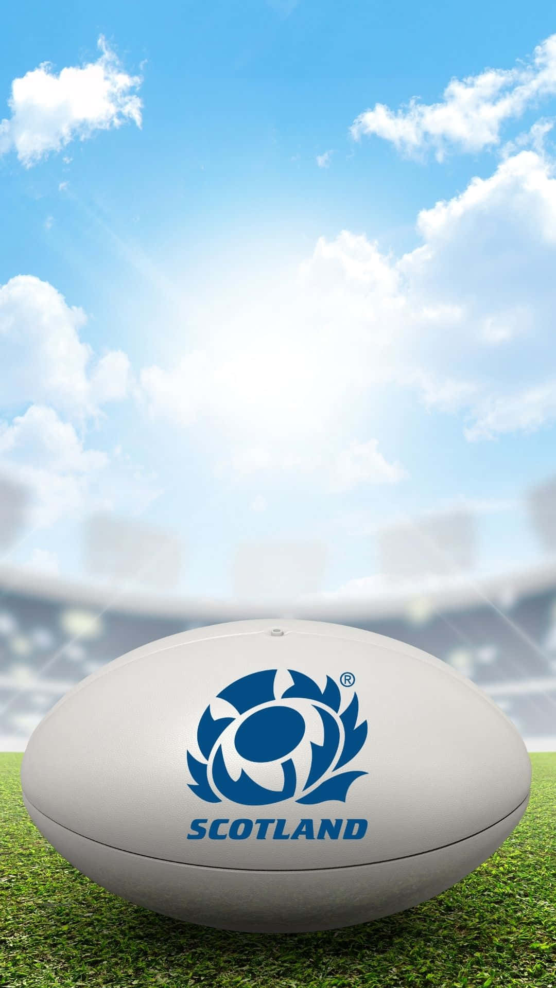 Scotland Rugby 桌布 壁紙 — 一個帶有蘇格蘭藍色薊花標誌的白色欖球，放在鮮綠色的草地上，背景是晴朗陽光和 fluffy 雲朵的天空。
